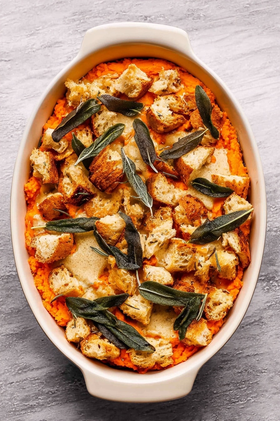 Savory Sweet Potato Casserole with Sage Parmesan and Crispy Bread, Sweet Potato Casserole with Sage Parmesan and Crispy Topping, Elegant Sweet Potato Casserole,Holiday Sweet Potato Side Dish, Fluffy Sweet Potato Casserole with Parmesan - The image shows a white oval dish filled with a smooth, bright orange layer of mashed sweet potatoes topped with a layer of golden-brown, toasted bread chunks scattered unevenly across the surface. Mixed among the bread pieces are dark green, slightly crispy sage leaves. A metal spoon with a wooden handle rests on the edge of the dish, scooping some of the soft sweet potato layer. The dish is placed on a white marbled surface. photo taken with an iphone --ar 2:3 --v 7