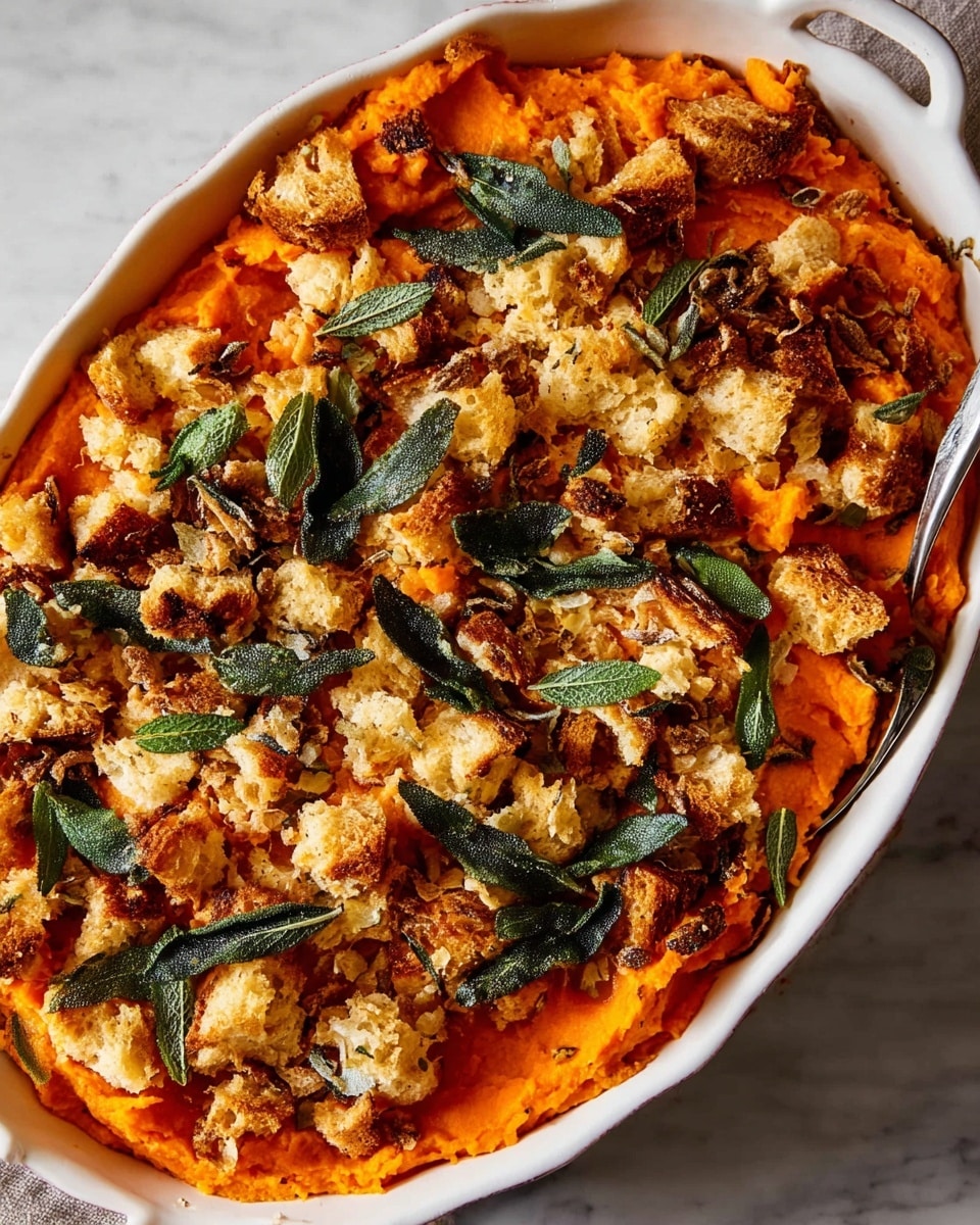 Savory Sweet Potato Casserole with Sage Parmesan and Crispy Bread, Sweet Potato Casserole with Sage Parmesan and Crispy Topping, Elegant Sweet Potato Casserole,Holiday Sweet Potato Side Dish, Fluffy Sweet Potato Casserole with Parmesan - The image shows an oval white baking dish filled with a layered dish. The bottom layer is smooth and bright orange, likely mashed sweet potatoes. On top, there is a layer of torn, light golden toasted bread pieces scattered evenly. Mixed in with the bread pieces are dark green crispy sage leaves spread throughout the top layer. The dish rests on a white marbled surface. The photo is taken with an iphone --ar 2:3 --v 7
