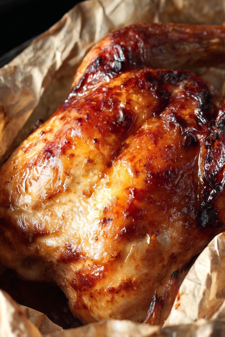 The Best Thanksgiving Turkey, Thanksgiving Turkey Recipe, Juicy Roast Turkey, Holiday Turkey Tips, Perfect Thanksgiving Bird - The image shows a close-up of a roasted chicken with a shiny, golden-brown skin that has areas of darker caramelized spots, giving a crispy texture. The chicken is partially wrapped in translucent baking paper that has some browning and slight grease marks. The background is dark, which contrasts with the bright, glossy surface of the chicken skin, highlighting its juicy and well-roasted appearance. photo taken with an iphone --ar 2:3 --v 7