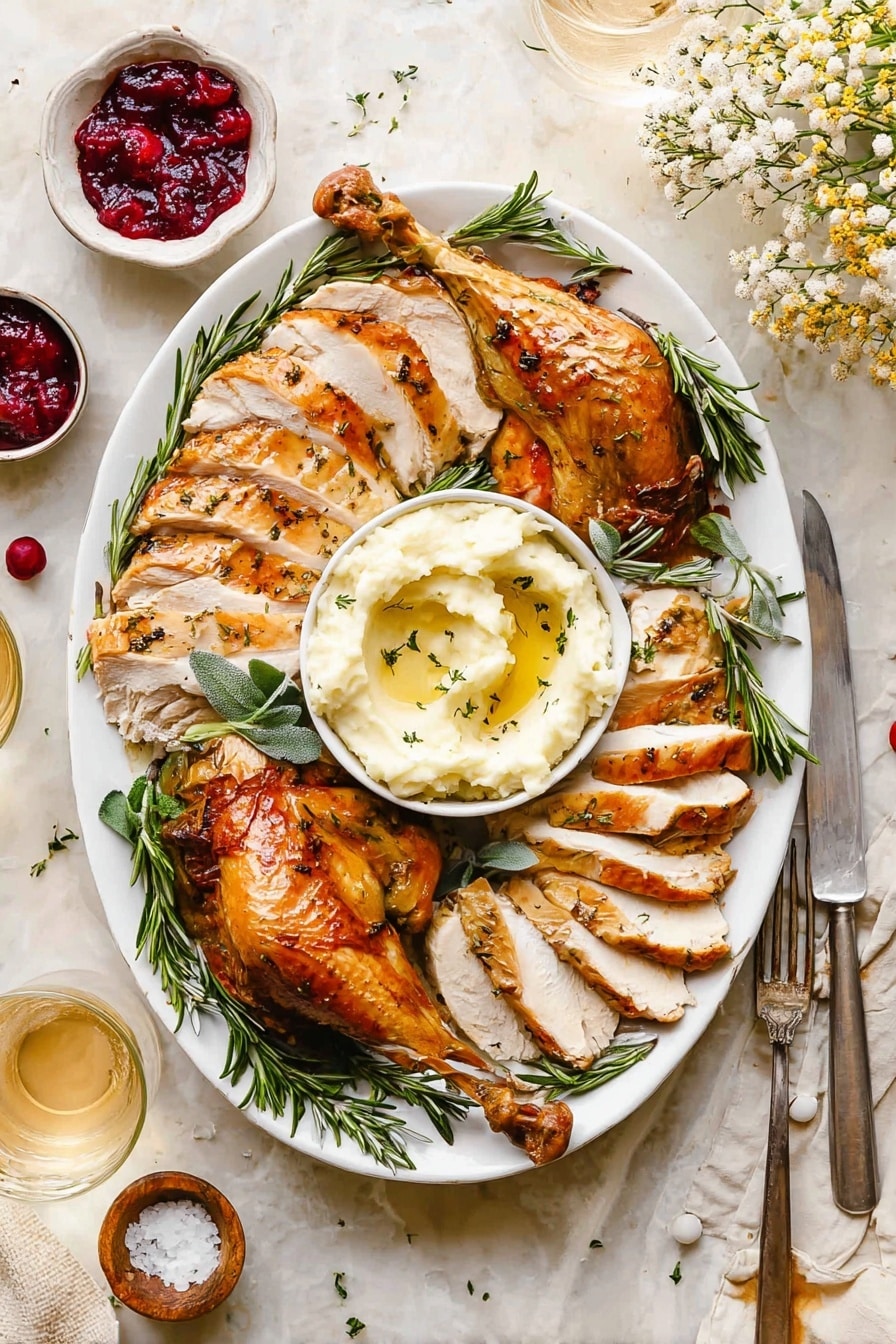 Roasted Herb Butter Turkey, Herb Butter Turkey, Juicy Roast Turkey, Flavorful Turkey Recipe, Holiday Turkey - A white scalloped plate holds layers of golden roasted turkey slices arranged in a semi-circle across the top and left side, showing a juicy texture with a light glaze. In the center right, there is a small round bowl filled with creamy white mashed potatoes drizzled lightly with olive oil and sprinkled with herbs. At the bottom right part of the plate, a darker roasted turkey leg rests beside sprigs of fresh green rosemary and thyme, adding green contrast. The plate sits on a white marbled surface with soft natural light enhancing the warm and inviting colors. Photo taken with an iphone --ar 2:3 --v 7