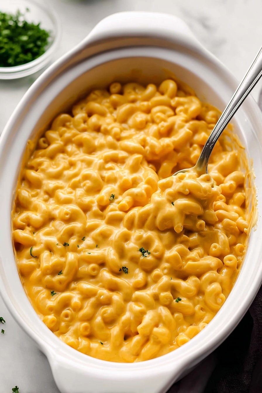 Crock Pot Mac and Cheese, easy slow cooker mac and cheese, cheesy crockpot recipes, creamy slow cooker pasta, beginner-friendly crockpot dinner - A white oval dish filled with creamy macaroni and cheese, showing one main layer of small elbow pasta coated in a thick, smooth, bright orange cheese sauce. A silver spoon is partly submerged on the right side, lifting some macaroni, with the cheese sauce clinging softly to the pasta and spoon. The dish sits on a white marbled surface, and some chopped green herbs are blurred in a bowl in the top left corner, adding a fresh contrast. Photo taken with an iphone --ar 2:3 --v 7