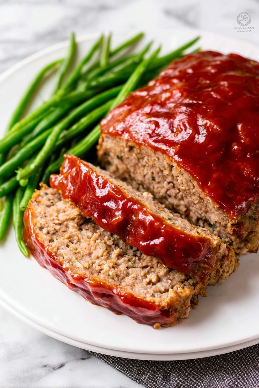 Crockpot Meatloaf with Parmesan and Sweet Glaze, slow cooker meatloaf, easy meatloaf recipe, savory Parmesan meatloaf, sweet glaze meatloaf - A white plate holds a meatloaf with a glossy, shiny red sauce spread thickly on top, covering the entire top layer. The meatloaf is sliced in the front, showing two cut layers underneath the sauce. To the sides of the meatloaf are bright green, thin green beans arranged in small bunches. The plate sits on a white marbled surface. photo taken with an iphone --ar 2:3 --v 7
