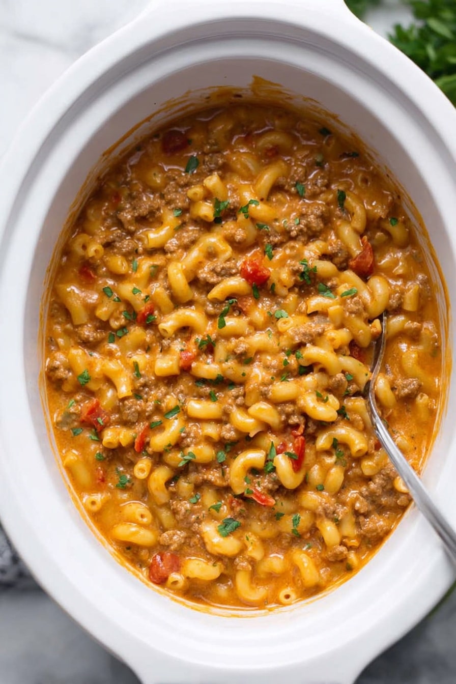 Healthier Slow Cooker Hamburger Helper, healthier dinner ideas, easy slow cooker recipes, comforting family meals, wholesome ground beef recipes - A close-up view of a creamy macaroni dish in a white bowl on a white marbled surface, showing about two layers of elbow macaroni pasta and ground meat mixed in a thick, orange-colored sauce with small pieces of red bell pepper and bits of herbs sprinkled on top, giving texture and color contrast with green specks scattered throughout; a silver spoon rests inside the bowl. photo taken with an iphone --ar 2:3 --v 7