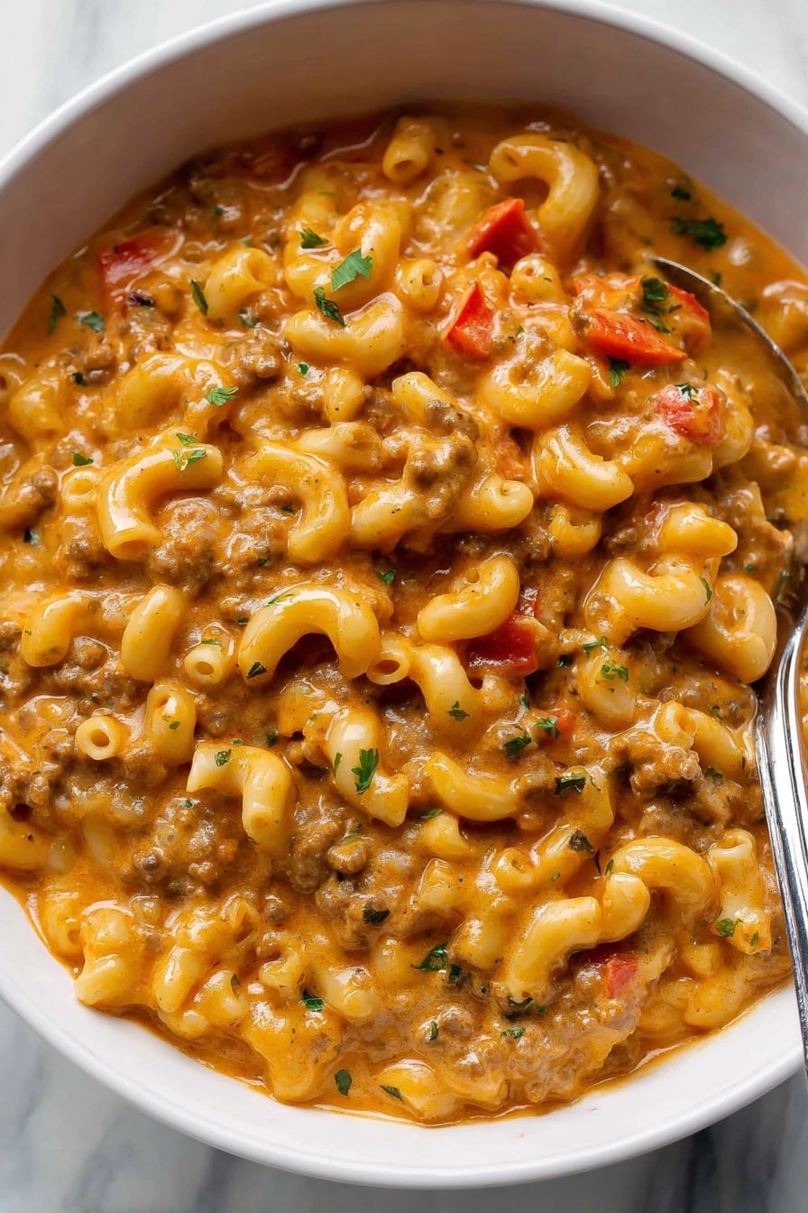 Healthier Slow Cooker Hamburger Helper, healthier dinner ideas, easy slow cooker recipes, comforting family meals, wholesome ground beef recipes - A close-up view of a white crockpot filled with creamy macaroni pasta in a thick orange-colored sauce. The dish has soft elbow macaroni pieces mixed evenly with ground meat and small bits of red vegetables, all coated in the sauce. The top surface is sprinkled with chopped green herbs, adding a fresh touch. A metal spoon rests inside the crockpot on the right side, partially submerged in the pasta mixture. The pot sits on a white marbled surface with some green leaves softly visible in the upper right corner. photo taken with an iphone --ar 2:3 --v 7