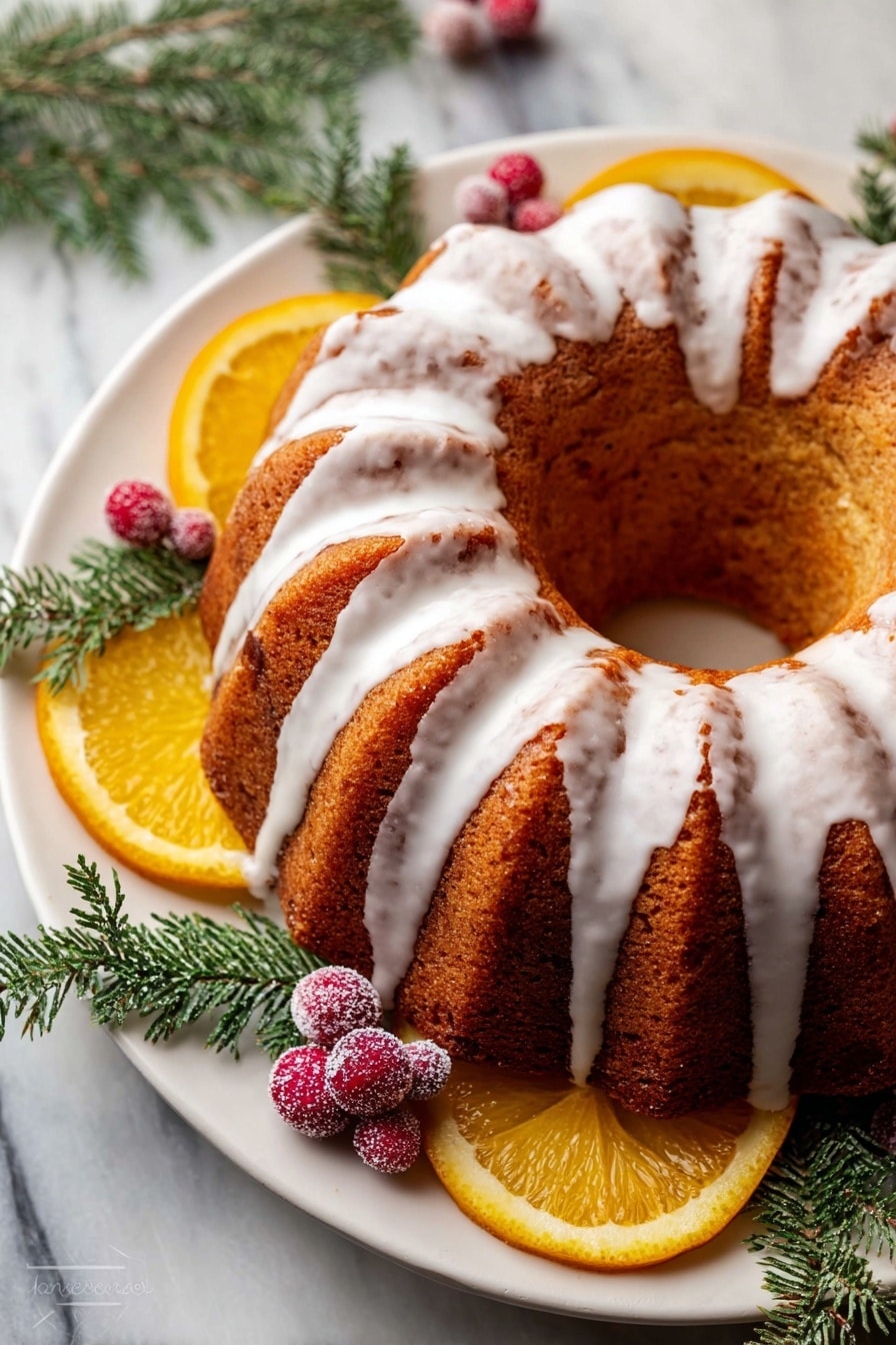 Cranberry Orange Bundt Cake, citrus cranberry cake, holiday bundt cake, easy orange cranberry dessert, moist cranberry orange cake - A single-layer bundt cake with a golden brown color and smooth texture is shown on a white plate. The cake is drizzled with white icing that flows down the ridges. Around the cake on the plate are fresh orange slices, small red sugared berries, and green fir branches for decoration. The setting is on a white marbled surface. photo taken with an iphone --ar 2:3 --v 7