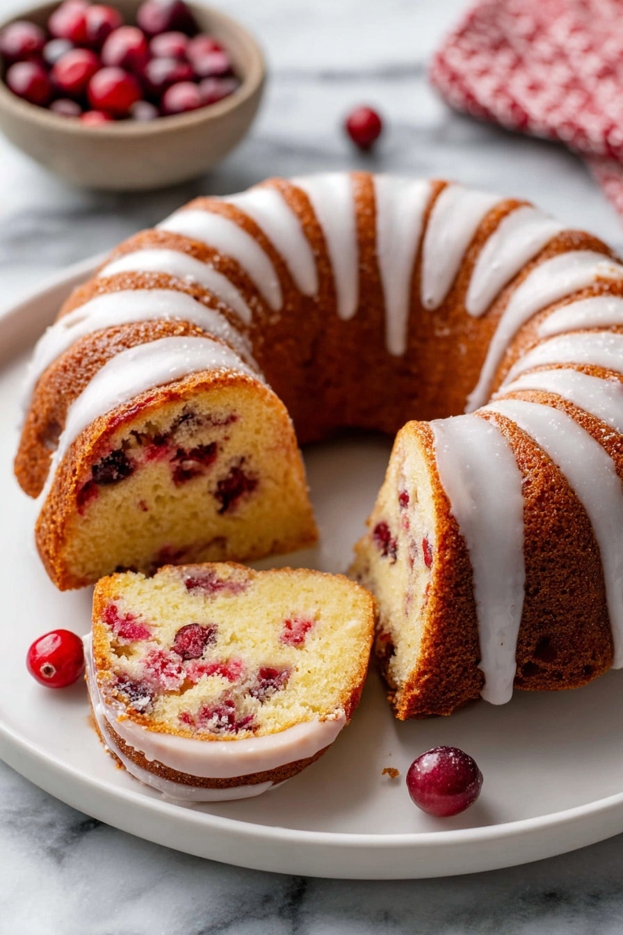 Cranberry Orange Bundt Cake, citrus cranberry cake, holiday bundt cake, easy orange cranberry dessert, moist cranberry orange cake - A close-up view of a single slice of bundt cake held on a cake server above a white plate. The cake has one thick layer with a soft, golden yellow crumb mixed with bright red berries and brown cinnamon swirl spots. The outside has a light brown crust, and the top is covered with a smooth white glaze that drips down the sides. In the background, the rest of the round bundt cake with matching glaze is visible on the white plate, which sits on a white marbled surface with a light pink cloth nearby. Photo taken with an iphone --ar 2:3 --v 7