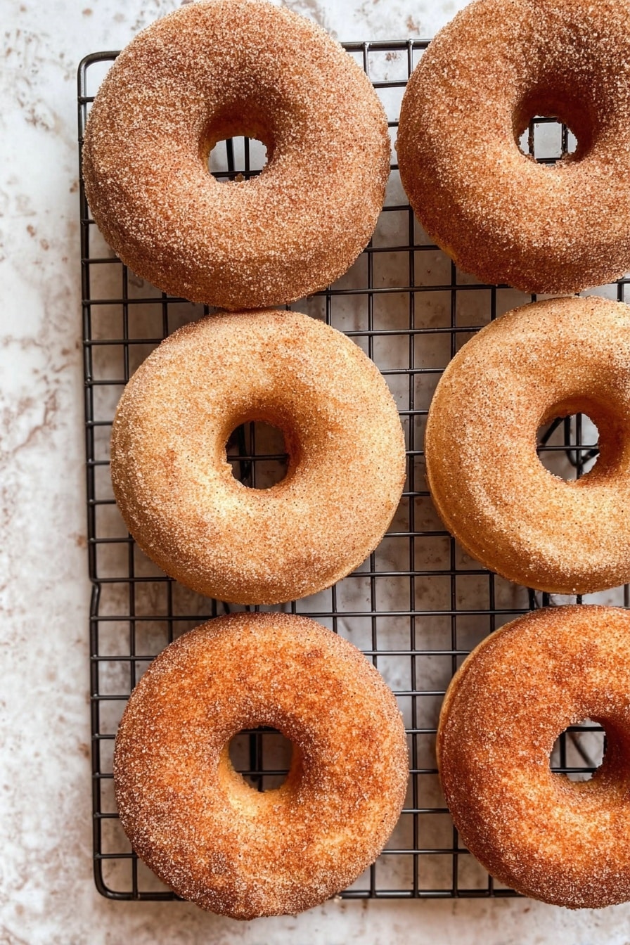 Cinnamon Sugar Doughnuts, homemade cinnamon sugar doughnuts, soft cinnamon doughnuts, easy cinnamon sugar doughnut recipe, best cinnamon doughnuts - The image shows seven round donuts with a hole in the middle, all covered in a light layer of brown sugar and cinnamon. They are placed on a black wire cooling rack. One donut at the bottom right has a bite taken out of it. At the top right corner, there is a small metal bowl filled with more cinnamon sugar, and resting on the bowl is a wooden brush with light bristles. The background surface is a white marbled texture photo taken with an iphone --ar 2:3 --v 7