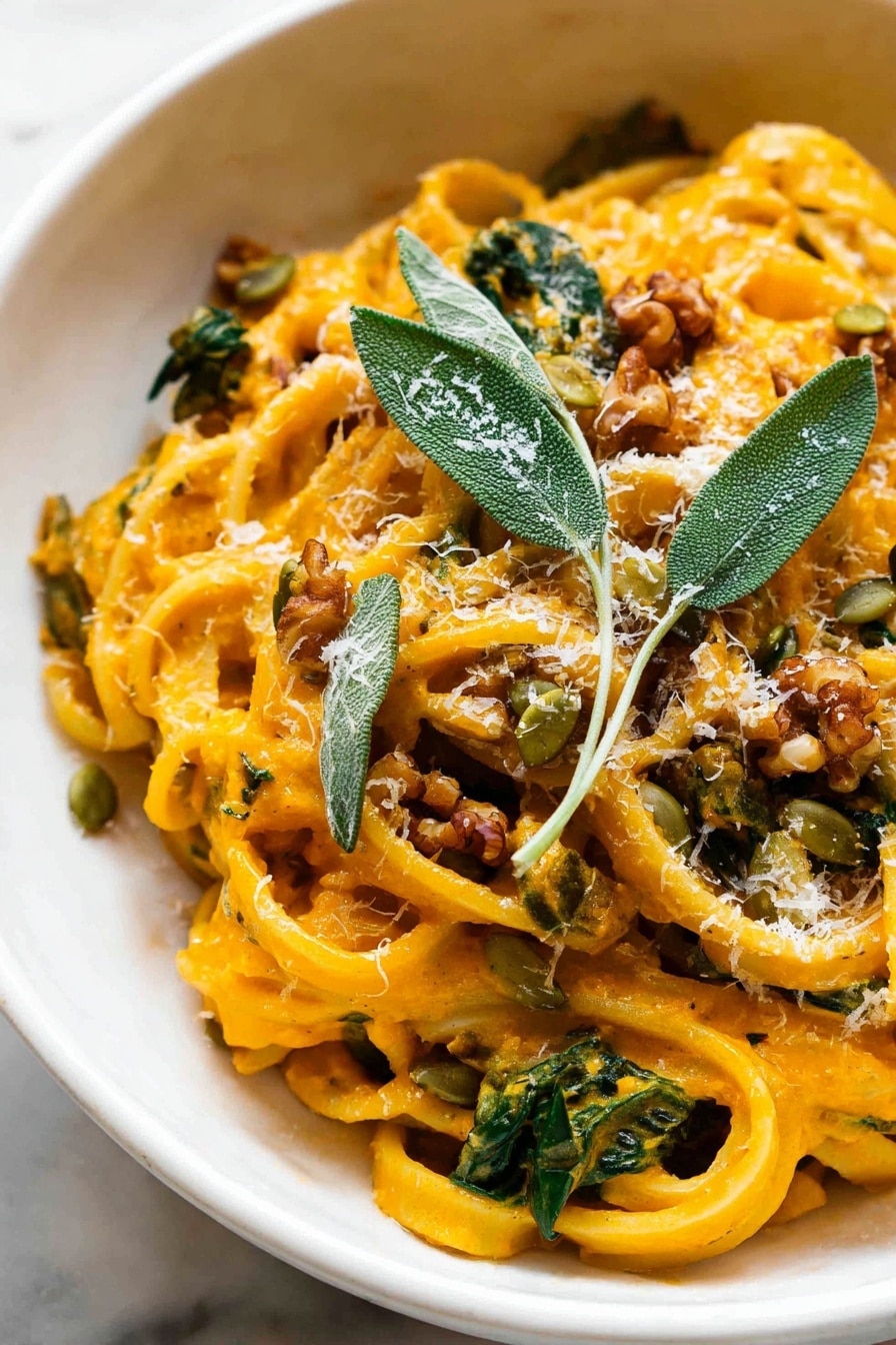 The BEST Pumpkin Pasta, Pumpkin Pasta with Sage and Parmesan, Cozy Pumpkin Pasta Dinner, Creamy Fall Pasta Recipe, Easy Pumpkin Pasta - This image shows a white bowl filled with three layers of thick, yellowish pasta noodles coated in a creamy orange sauce. On top of the pasta are scattered pieces of green wilted spinach, small brown walnut chunks, green pumpkin seeds, and a light sprinkling of grated cheese. Bright green fresh sage leaves are placed as garnish, adding a touch of freshness and texture. Everything sits on a white marbled surface, with the close-up showing the creamy texture of the sauce and detailed toppings. Photo taken with an iphone --ar 2:3 --v 7