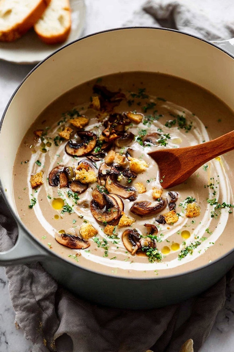 Creamy Mushroom Soup with Croutons and Fresh Herbs, mushroom soup recipe, creamy mushroom soup, mushroom and herb soup, easy mushroom soup - A light brown creamy soup fills a white pot, topped with thin dark brown mushroom slices, small golden brown croutons, and bright green fresh herbs scattered across the surface. Light swirls of white cream and a few small drops of golden oil add texture on top. A wooden spoon rests inside the pot, partially submerged in the soup, all placed on a soft gray cloth over a white marbled surface. In the blurry background, a slice of bread and butter on a white plate can be seen. Photo taken with an iphone --ar 2:3 --v 7
