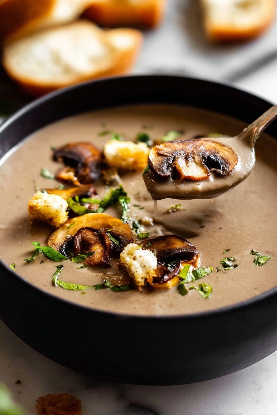 Creamy Mushroom Soup with Croutons and Fresh Herbs, mushroom soup recipe, creamy mushroom soup, mushroom and herb soup, easy mushroom soup - A black bowl filled with creamy brown mushroom soup, topped with golden brown sliced mushrooms, small crispy croutons, and fresh green herbs. A silver spoon with some soup and mushrooms is dipped in the bowl, showing the smooth texture of the soup. The background includes pieces of bread blurred out on a white marbled surface. photo taken with an iphone --ar 2:3 --v 7