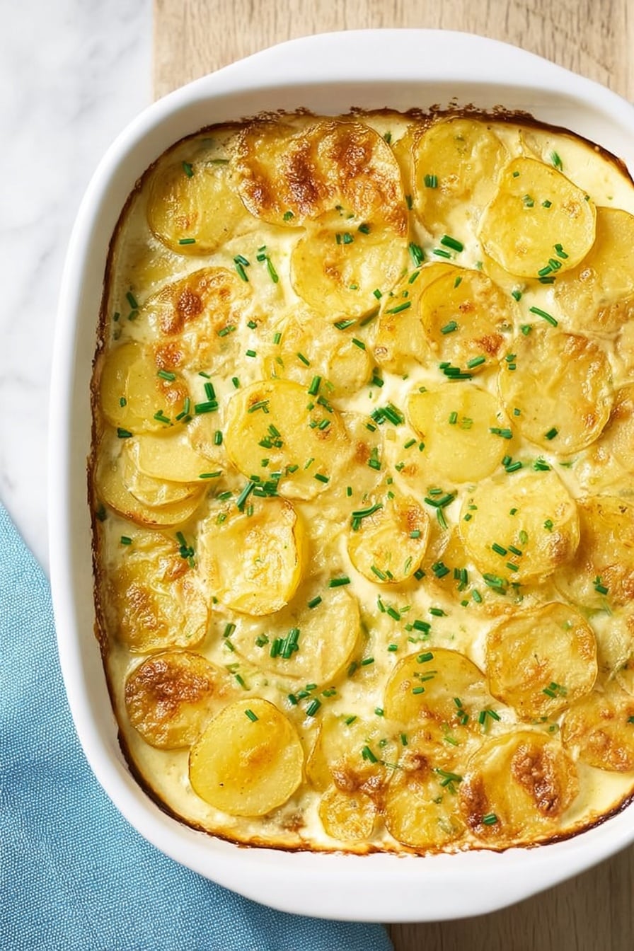 Vegan Scalloped Potatoes, vegan potato casserole, plant-based scalloped potatoes, dairy-free scalloped potatoes, vegan potato side dish - The image shows a white baking dish filled with a layered potato casserole. The dish has one main layer composed of thin, round slices of golden-yellow potatoes lightly browned on top, giving a slightly crispy texture. The potatoes are embedded in a creamy, pale yellow sauce that fills the spaces in between, creating a soft and smooth background. Small green chives are sprinkled evenly across the top, adding bright color contrast. The dish is placed on a white marbled surface with part of a light blue cloth visible on the left side. photo taken with an iphone --ar 2:3 --v 7