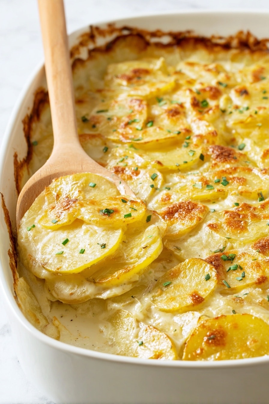 Vegan Scalloped Potatoes, vegan potato casserole, plant-based scalloped potatoes, dairy-free scalloped potatoes, vegan potato side dish - A close-up view of a wooden spoon lifting a layered potato dish from a white bowl sitting on a white marbled surface. The dish has several layers of thin potato slices, each with a golden-brown crispy edge and creamy pale yellow sauce between them. Small green chopped herbs are sprinkled on the potatoes, adding a touch of color. The texture looks soft and creamy inside, with a slightly crunchy top layer. photo taken with an iphone --ar 2:3 --v 7