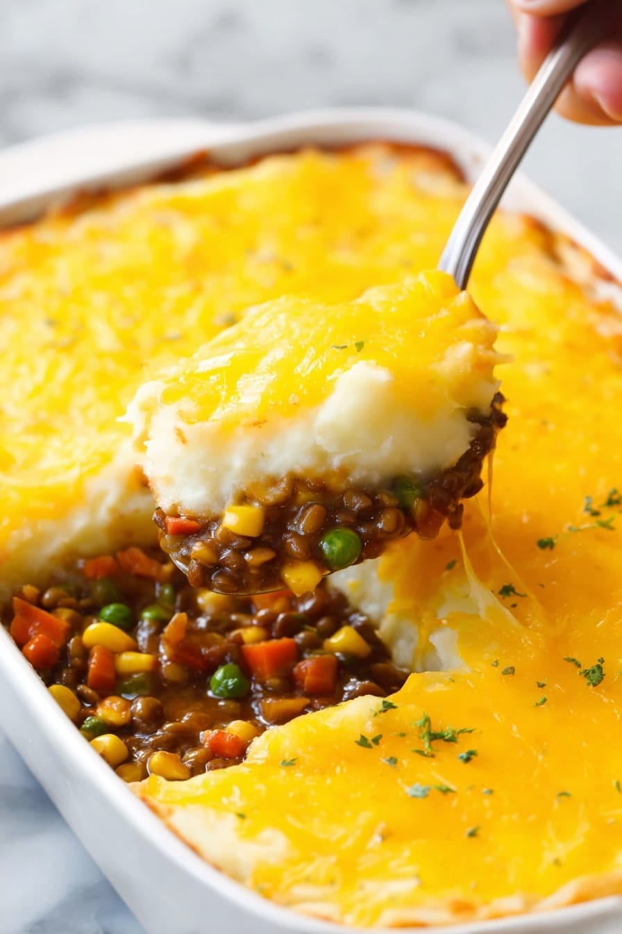 Lentil Shepherd’s Pie with Cheesy Mashed Potatoes, hearty vegetarian shepherd's pie, vegan lentil casserole, comforting plant-based dinner, easy lentil pie recipe - The dish is a layered casserole in a white dish, with three clear layers. The top layer is bright yellow melted cheese, covering the entire surface smoothly. Below this is a thick white layer of mashed potatoes, soft and creamy in texture. The bottom layer is a rich mix of lentils, corn, green peas, and diced carrots, all in a thick, brown sauce. A spoon is lifting a portion, showing the distinct layers, and a woman's hand holds the spoon from the right side. The dish is set on a white marbled surface. Photo taken with an iphone --ar 2:3 --v 7