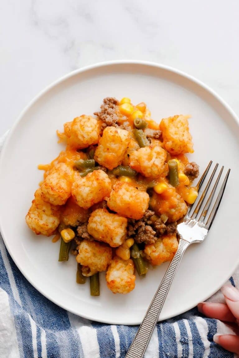 Vegan Tater Tot Casserole with Impossible Beef, Mushrooms, Corn, Green Beans, and Vegan Cheddar Recipe