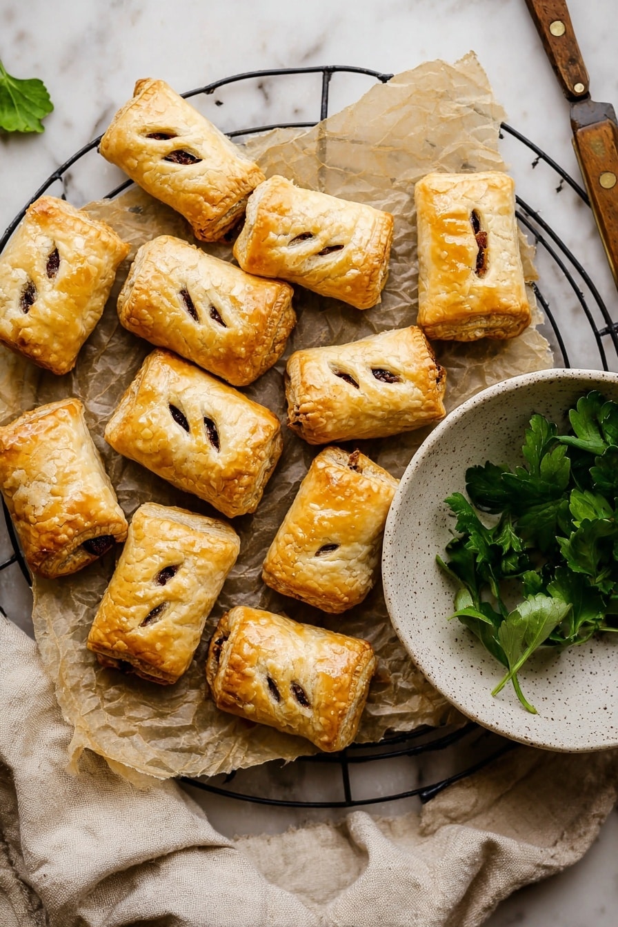 Vegan Sausage Rolls, vegan puff pastry snacks, plant-based sausage rolls, vegan party foods, easy vegan finger foods - This image shows about fifteen small golden-brown puff pastries placed on crinkled parchment paper, arranged on a round black wire rack. Each pastry is rectangular with three small slits on top, revealing a dark filling inside. To the right of the pastries, there is a small white speckled bowl filled with fresh green parsley leaves. The background is a white marbled surface, and a wooden-handled knife is partially visible at the top right corner. A bit of a beige cloth is under the wire rack. Photo taken with an iphone --ar 2:3 --v 7