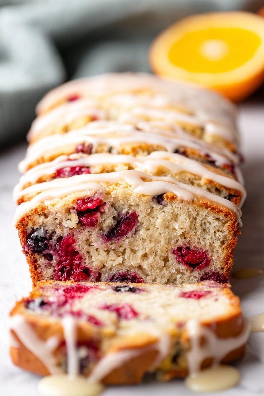 Cranberry Orange Bread with Orange Glaze, citrus cranberry bread, holiday bread with cranberries and orange, moist cranberry orange loaf, festive citrus bread - A close-up image of a sliced loaf of berry bread on white parchment paper placed on a white marbled surface. The bread has a textured golden brown crust with visible cracks and is filled with bright red and dark purple berries scattered throughout the soft, light beige crumb. A shiny, creamy white glaze is drizzled in thick lines over the top of the loaf and slightly dripping over the front slice, creating a glossy contrast against the crumb and berries. In the blurred background, there is a soft light gray cloth and a half orange adding subtle color. photo taken with an iphone --ar 2:3 --v 7