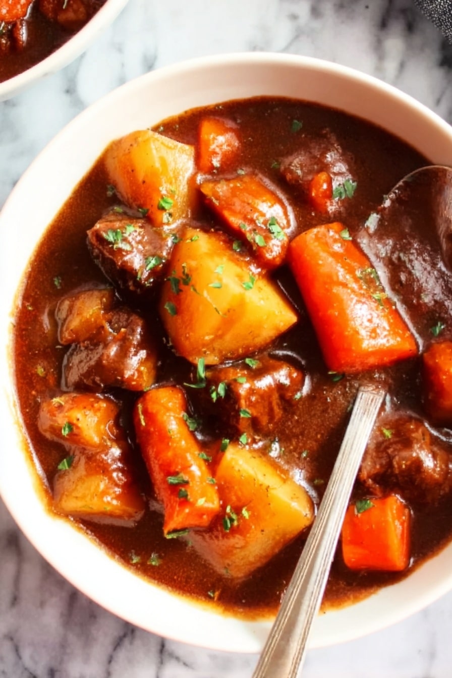 Vegan Irish Stew, vegan Irish stew recipe, hearty plant-based stew, vegan Irish stew with Guinness, vegan Irish stew ingredients - A white bowl filled with thick beef stew, showing chunks of tender brown beef, large pieces of orange carrots, and big white potato pieces all mixed in a rich dark brown gravy. Small green herbs are sprinkled on top, adding contrast. A spoon is resting in the bowl, and the bowl sits on a white marbled surface. photo taken with an iphone --ar 2:3 --v 7