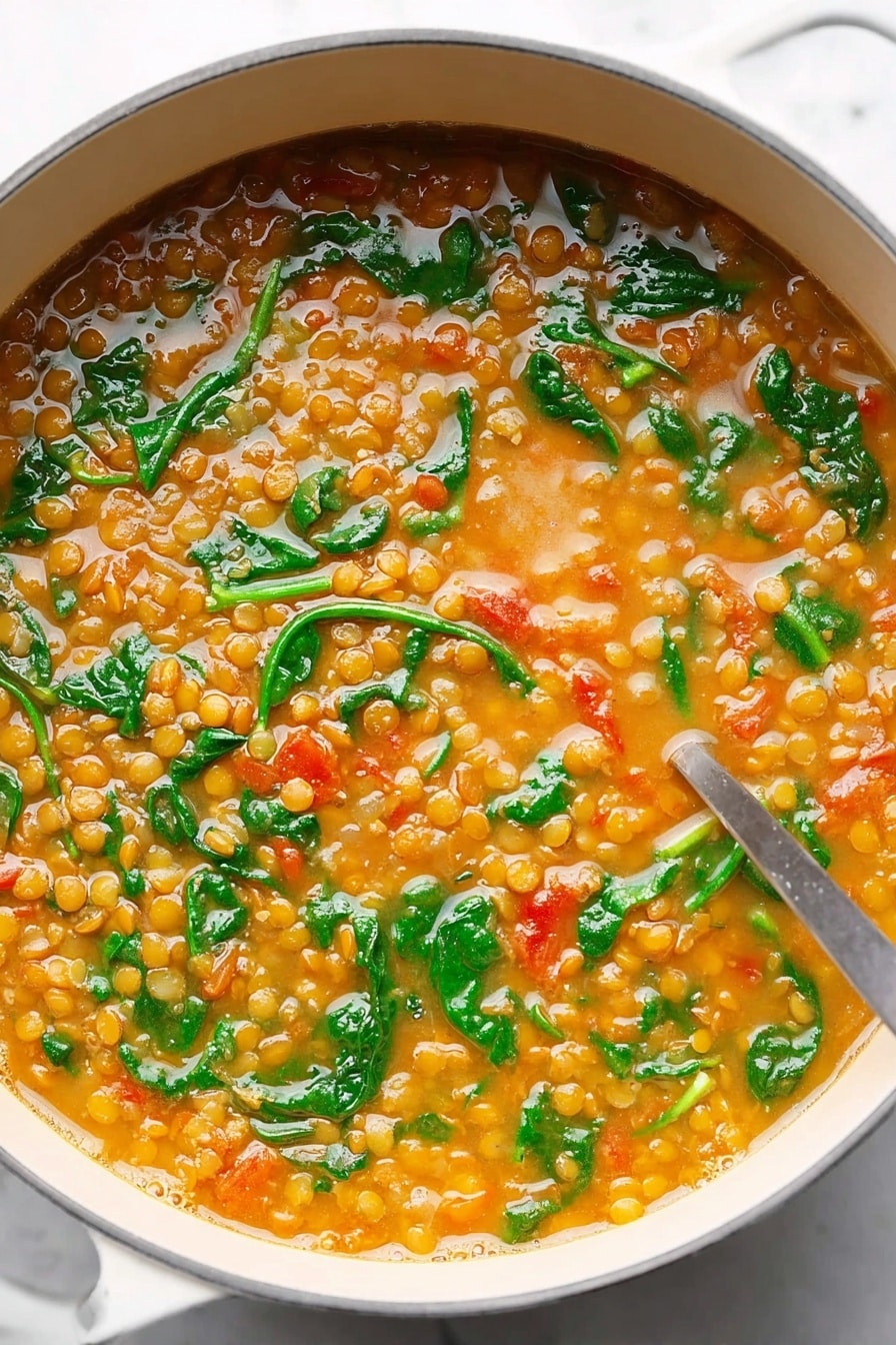 The Best Lentil Soup, hearty lentil soup recipe, easy lentil soup, nourishing lentil soup, comforting lentil soup - A close-up view of a white pot filled with lentil soup, showing many small light brown lentils spread throughout a light orange broth. Bright green spinach leaves are scattered all over, adding color and texture. Small pieces of red tomatoes and orange carrot bits are mixed in, giving more color contrast. The broth looks smooth with some bubbles around the edges. A silver spoon is partially visible on the right side, placed inside the soup. The pot sits on a white marbled surface. Photo taken with an iphone --ar 2:3 --v 7
