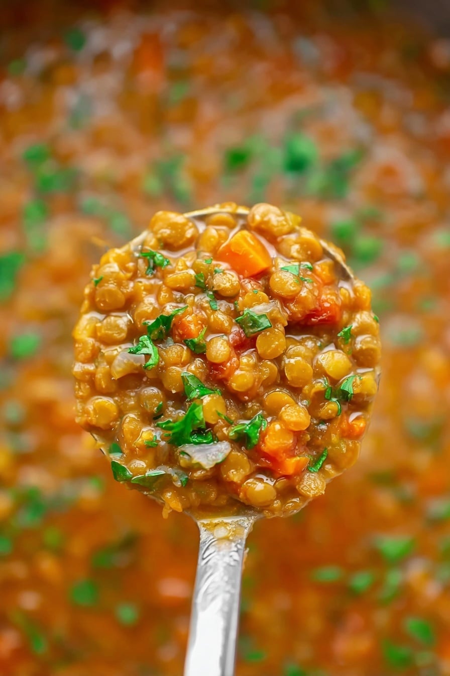 The Best Lentil Soup, hearty lentil soup recipe, easy lentil soup, nourishing lentil soup, comforting lentil soup - A close-up of a ladle full of cooked lentils mixed with small pieces of orange carrots and finely chopped onions in a thick orange-brown broth, sprinkled with small green herb leaves, held above a white marbled surface with more lentil stew visible underneath, showing a soft, chunky texture with vibrant green, orange, and brown colors, photo taken with an iphone --ar 2:3 --v 7