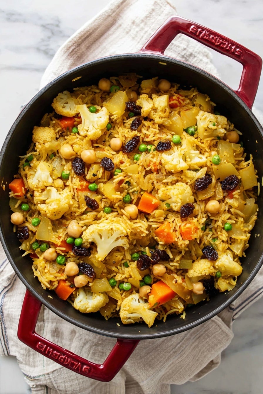 Vegan Biryani, vegan rice dish, plant-based biryani, vegan dinner ideas, easy vegan recipes - A black round cast iron pot with red handles is full of a colorful mix of cooked rice and vegetables. The dish has three main layers: the bottom and middle layers are mixed with yellowish rice grains that look soft and fluffy, dotted with green peas, chunky light orange carrot slices, yellow potato pieces, cauliflower florets, and beige chickpeas. The top layer has more whole vegetables and dark raisins scattered around, adding texture and color contrast. The pot sits on a white marbled surface with a white and beige striped cloth beneath it. Photo taken with an iphone --ar 2:3 --v 7