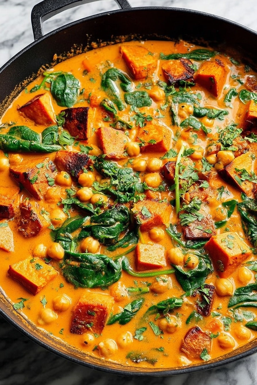 Butternut Squash Curry with Chickpeas, healthy vegan curry recipe, easy vegetarian dinner, cozy fall recipes, plant-based comfort food - This image shows a black skillet filled with a rich orange stew that has several layers and textures. The base is a creamy orange sauce with a smooth texture. Floating in the sauce are medium-sized chunks of roasted sweet potatoes that have browned edges, scattered chickpeas, and fresh green spinach leaves. There are also small chopped green herbs sprinkled across the top for garnish. The skillet sits on a white marbled surface. photo taken with an iphone --ar 2:3 --v 7