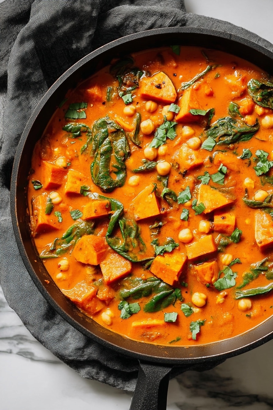 Butternut Squash Curry with Chickpeas, healthy vegan curry recipe, easy vegetarian dinner, cozy fall recipes, plant-based comfort food - The image shows a black skillet filled with a thick orange-red stew. The stew has large chunks of orange sweet potatoes, green spinach leaves, and light yellow chickpeas, all mixed evenly in the rich sauce. Small green herb pieces are scattered on top, adding a fresh touch. The skillet sits on a dark gray cloth over a white marbled surface. The colors are bright and warm, and the textures range from soft potato pieces to leafy spinach in the creamy stew. photo taken with an iphone --ar 2:3 --v 7