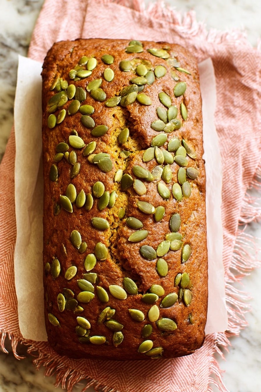 Vegan Pumpkin Bread, healthy pumpkin bread, plant-based pumpkin loaf, fall pumpkin baking, easy vegan bread - A rectangular loaf with a golden-brown crust is topped with many green pumpkin seeds scattered unevenly across the surface. The bread shows a few cracks on top, giving it a rustic look. It sits on a white parchment paper over a light pink cloth with some fringe on the edges. The background is a white marbled texture. photo taken with an iphone --ar 2:3 --v 7