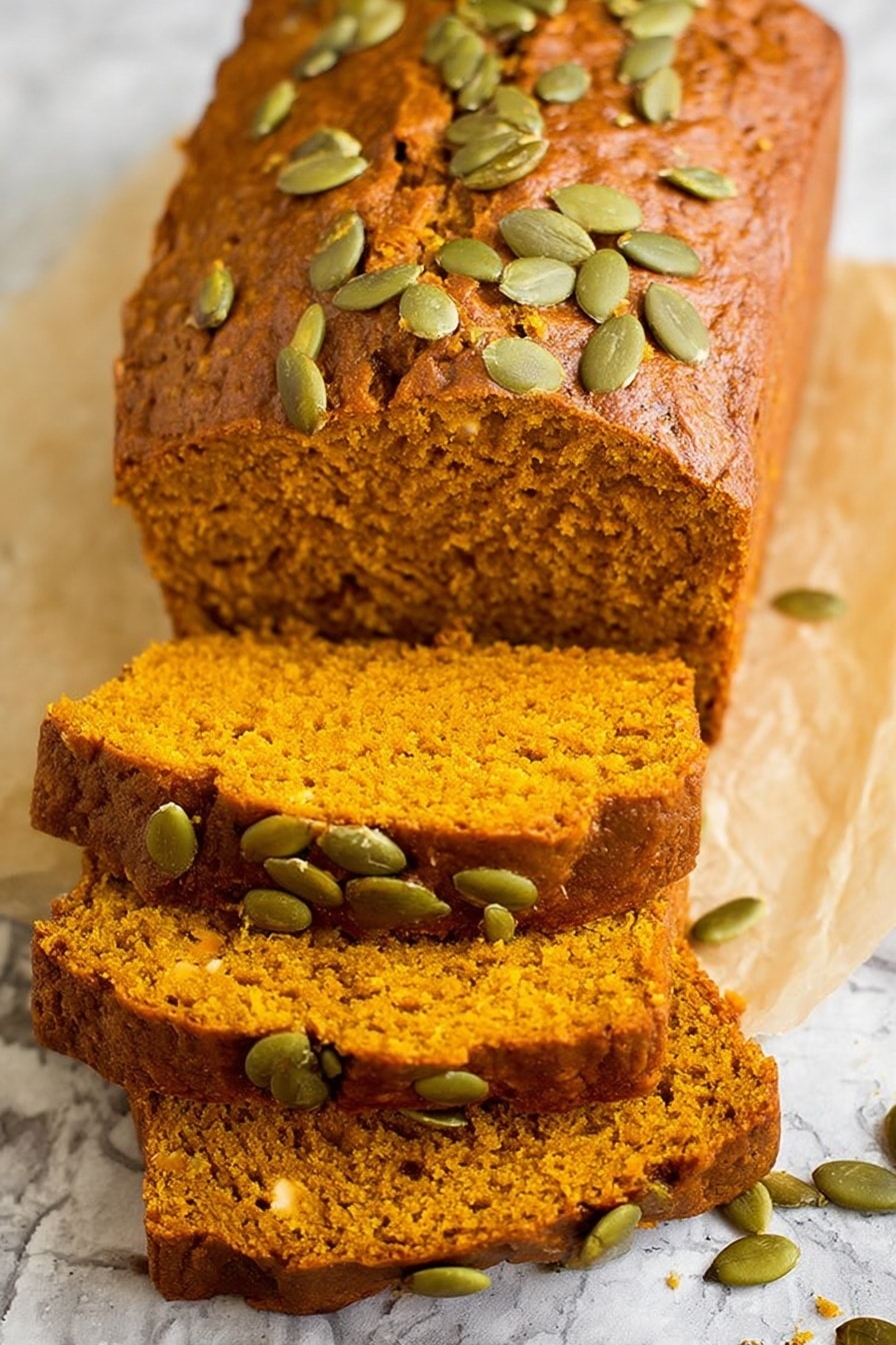 Vegan Pumpkin Bread, healthy pumpkin bread, plant-based pumpkin loaf, fall pumpkin baking, easy vegan bread - This image shows a loaf of pumpkin bread with a soft, moist texture and a warm orange color. The loaf is topped with scattered green pumpkin seeds that add texture and contrast to the brown crust. It is sliced, showing multiple thick layers of the orange bread inside with some seeds along the edges. The bread sits on a light parchment paper with a few scattered seeds around it, and the whole scene is set against a white marbled surface. photo taken with an iphone --ar 2:3 --v 7