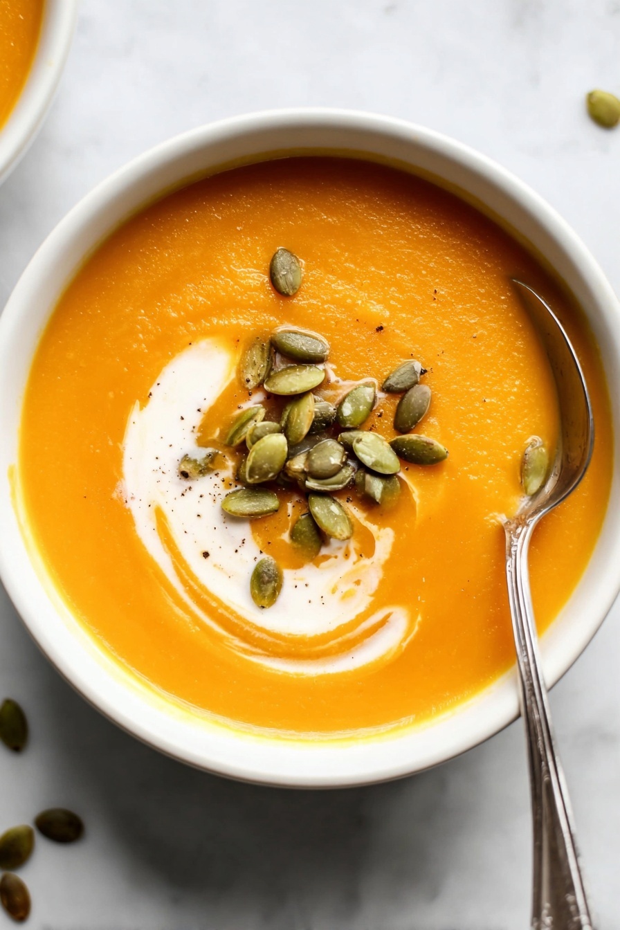 Vegan Butternut Squash Soup, vegan butternut squash soup, plant-based butternut squash soup, healthy vegan squash soup, easy vegan soup recipes - A smooth orange soup fills a white bowl placed on a white marbled surface, topped with green pumpkin seeds arranged in a small pile on one side. A swirl of white cream creates a soft spiral pattern on the soup's surface near the seeds. A silver spoon rests inside the bowl on the right side, its handle extending outwards. Photo taken with an iphone --ar 2:3 --v 7