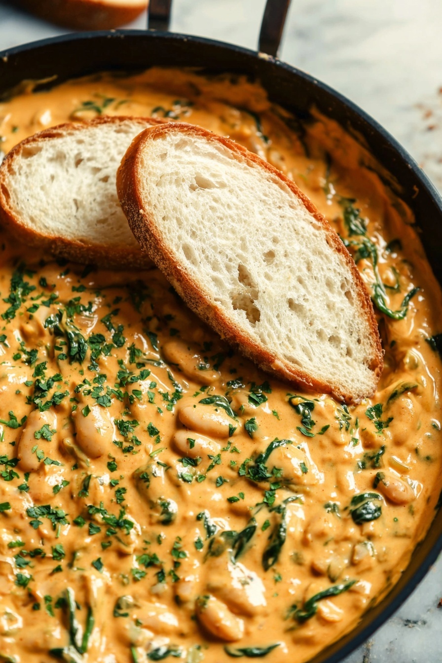 Creamy Sun Dried Tomato Butter Beans with Spinach and Basil, vegan creamy bean dishes, healthy plant-based meals, quick vegetarian dinner ideas, flavorful bean recipes - The image shows a deep white pan filled with a thick, creamy sauce that is light orange in color, mixed with small white beans and fresh green herbs scattered throughout. The sauce has a smooth texture with visible swirls and chunks of greens, giving it a hearty look. Two slices of rustic white bread with a crusty edge and airy texture are placed on top of the sauce, partially dipped into it. The pan is set against a white marbled surface as background. Photo taken with an iphone --ar 2:3 --v 7
