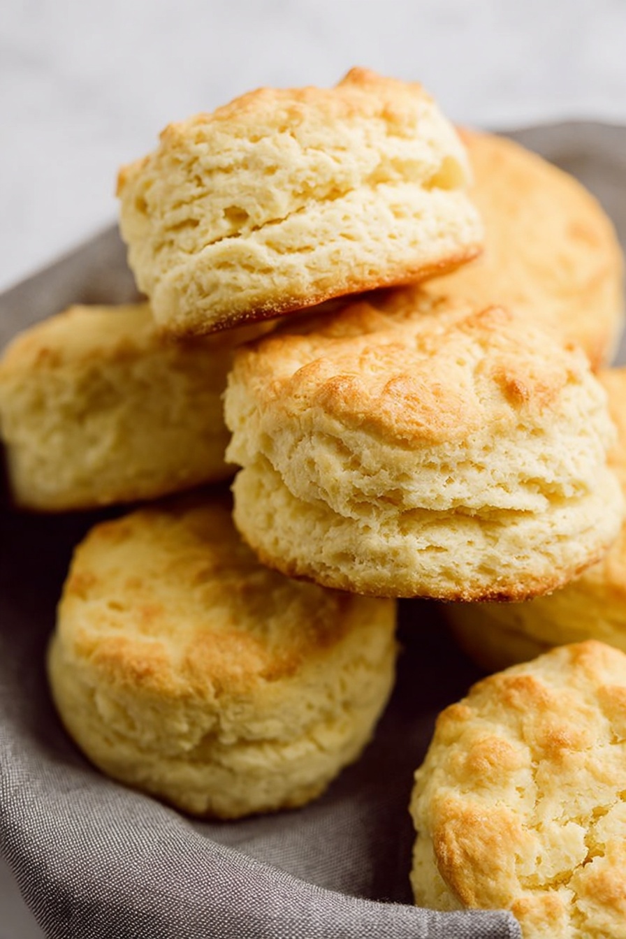 Southern-Style Vegan Buttermilk Biscuits, vegan biscuit recipe, dairy-free Southern biscuits, flaky vegan biscuits, plant-based biscuit recipe - The image shows a close-up of several round biscuits placed close together on a soft gray cloth. Each biscuit has three visible layers with a light golden-brown color on top and a pale yellowish inside. The biscuits have a rough and crumbly texture with small cracks and uneven edges. They look soft and fresh, with a slight shine on the top layer. The background is a white marbled surface. photo taken with an iphone --ar 2:3 --v 7