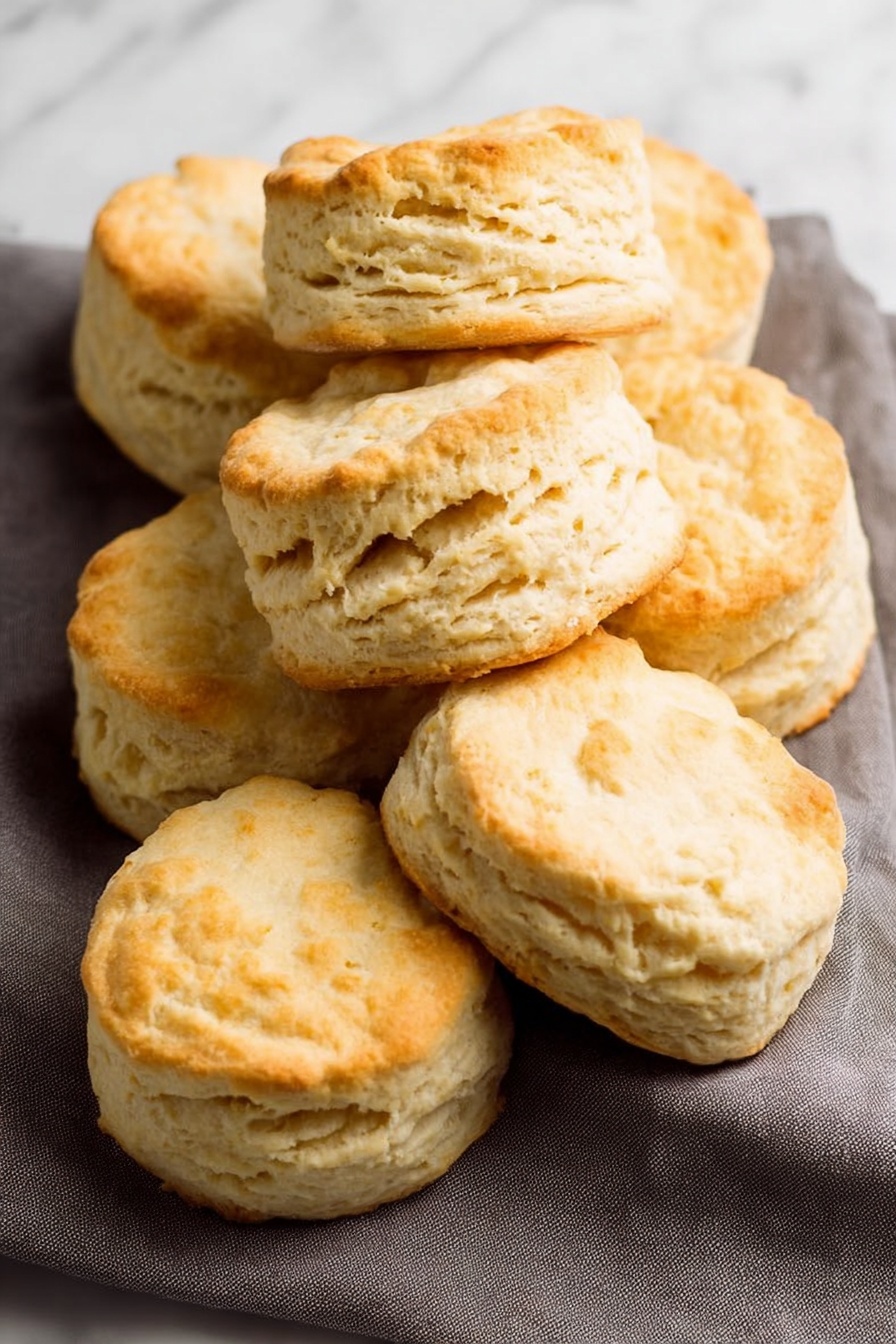 Southern-Style Vegan Buttermilk Biscuits, vegan biscuit recipe, dairy-free Southern biscuits, flaky vegan biscuits, plant-based biscuit recipe - The image shows nine golden-brown biscuits arranged on a soft dark gray cloth, with layered round shapes that are slightly rough on the sides and smooth on the top. Each biscuit has about three visible layers with a light crust on top and soft fluffy inside layers that look crumbly and textured. They sit closely together with some biscuits slightly stacked or leaning against each other, showing the uneven but natural shape of baked dough. The background beneath the cloth is a white marbled texture. photo taken with an iphone --ar 2:3 --v 7