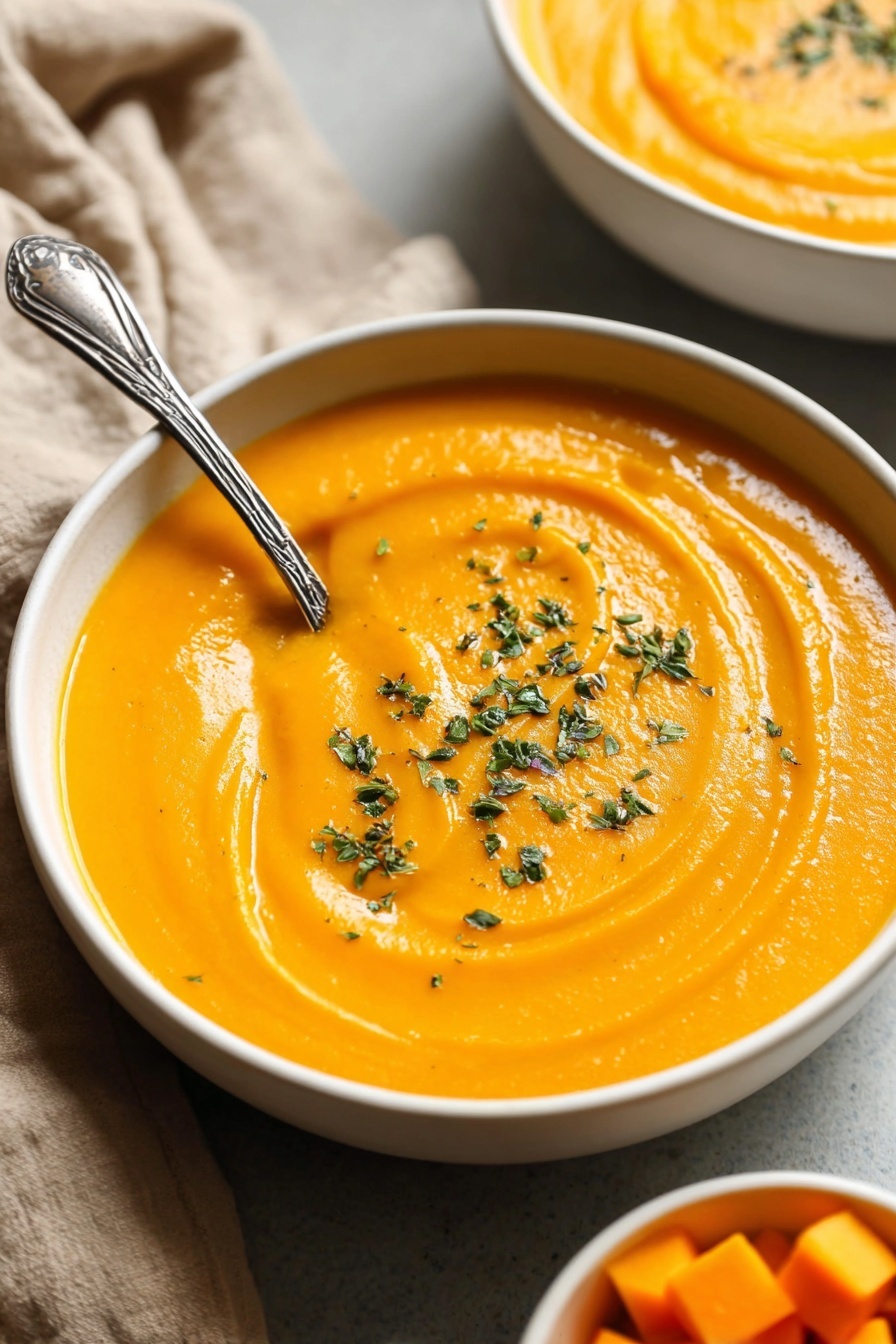 Butternut Squash and Sweet Potato Soup, creamy veggie soup, cozy fall soup, healthy winter soup, easy vegetable soup - A white bowl filled with smooth, bright orange soup swirled gently on the surface, sprinkled with small green herb pieces on top. A detailed silver spoon is placed inside the soup on the left side of the bowl. The bowl rests on a surface with a beige cloth in the background, and part of another white bowl with the same soup is seen in the upper right. At the bottom right corner, a small white bowl holds orange cubed pieces, touching the edge of the image. Photo taken with an iphone --ar 2:3 --v 7