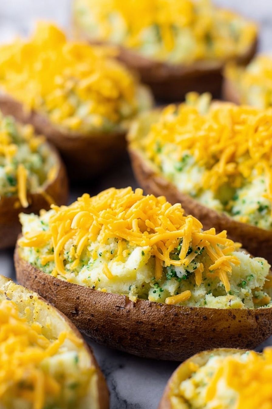 Vegan Cheesy Broccoli Twice Baked Potatoes, vegan potato recipes, plant-based stuffed potatoes, dairy-free cheesy potatoes, healthy vegan potato dishes - The image shows multiple potato skins filled with a creamy mixture that looks like mashed potatoes with small green bits, likely broccoli, mixed in. Each potato skin is topped with bright orange shredded cheddar cheese, spread evenly over the filling. The potato skins have a brown, slightly rough outer layer, and the filling is light yellow with visible green flecks. The filled skins are close together and placed on a surface with a white marbled texture. The focus is on the front potato skin, with several others blurred in the background, creating depth in the image. The lighting is bright, making the colors vivid. Photo taken with an iphone --ar 2:3 --v 7