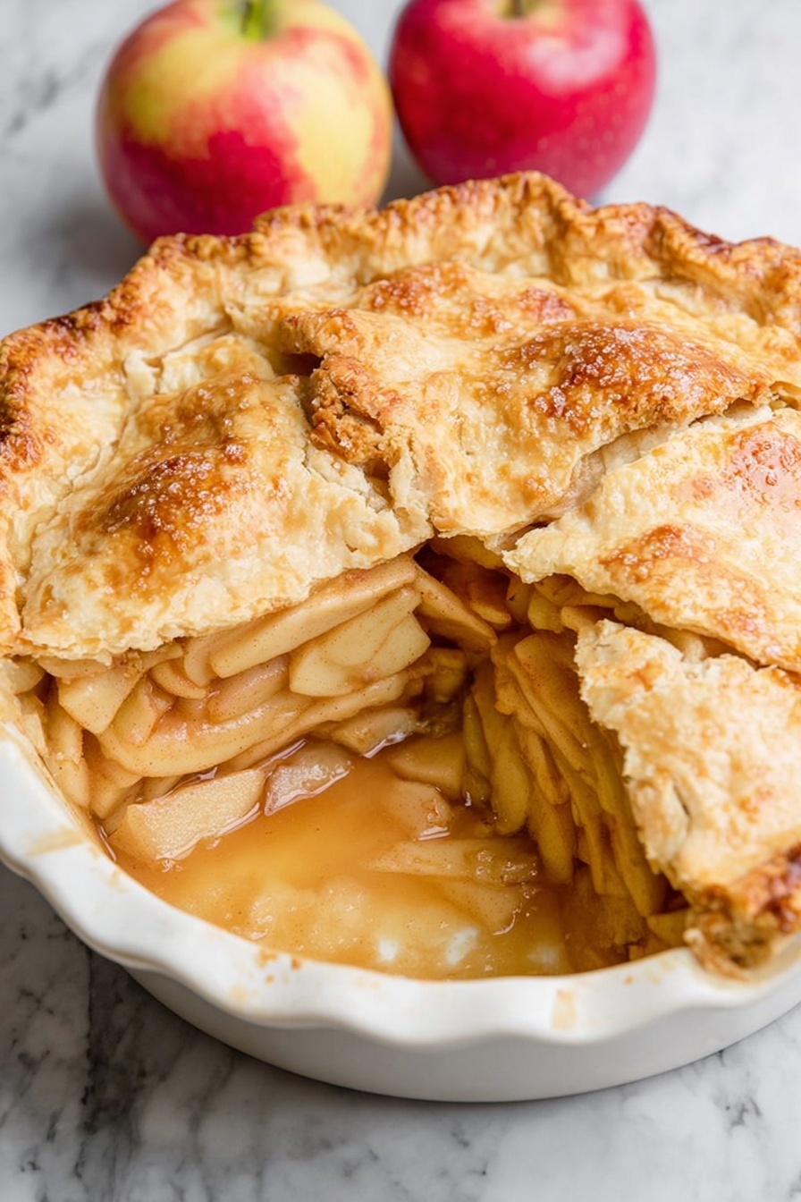 Perfect Vegan Apple Pie, vegan apple pie, plant-based apple dessert, vegan pie recipe, dairy-free apple pie - A white pie dish holds an apple pie with a golden brown, slightly rough textured crust sprinkled with coarse sugar on top, cut open to reveal a layer of soft, thinly sliced apples inside, surrounded by thick apple juice creating a glossy, light brown pool at the bottom. The white marbled surface under the dish has two red and yellow apples resting beside it, adding a fresh look. photo taken with an iphone --ar 2:3 --v 7