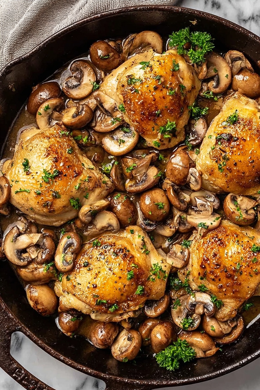 Chicken Marsala, Classic Chicken Marsala, Italian chicken recipes, Mushroom chicken skillet, elegant chicken dinner - A black cast iron pan filled with four golden-brown cooked chicken pieces on top, each topped with thin, light brown mushroom slices scattered across and around them. The mushrooms have a soft, cooked texture with a few fresh green parsley sprigs sprinkled evenly over the dish. The pan sits on a white marbled surface with a white dish towel featuring black dotted stripes partially underneath. In the background, some fresh whole mushrooms and green herbs are visible. Photo taken with an iphone --ar 2:3 --v 7