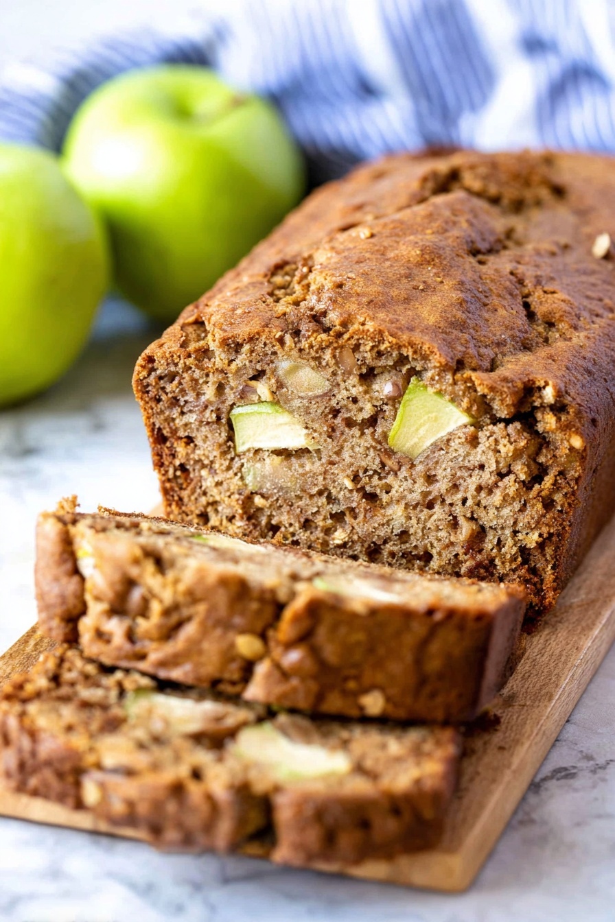 Moist Cinnamon Apple Bread, Cinnamon Apple Bread recipe, easy apple bread, cozy breakfast bread, spiced apple quick bread - A loaf of brown apple bread with a textured crust sits on a wooden board over a white marbled surface. The bread is sliced, showing two thick slices in front of the loaf with visible small chunks of light green apple inside. Behind the bread are shiny green apples slightly out of focus, and a blue and white striped cloth in the background adds soft detail. The bread's crust looks slightly rough with small cracks, and the inside is dense but soft with apple pieces spread throughout. photo taken with an iphone --ar 2:3 --v 7