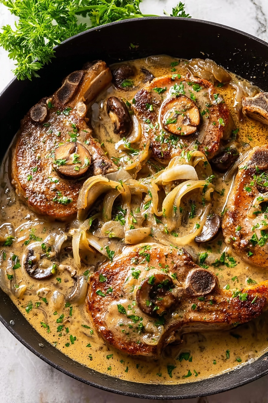 Easy Smothered Pork Chops, tender pork chops with gravy, savory pork chop dinner, cozy comfort food recipes, simple pork chop recipes - A black pan filled with four cooked pork chops, each with a browned and slightly crispy surface, partially covered by a creamy light brown sauce. On top and around the chops are light-colored cooked onion strips and small brown mushroom slices. The dish is sprinkled with small pieces of bright green chopped herbs. The pan is set on a white marbled surface with a sprig of fresh green parsley in the background. Photo taken with an iphone --ar 2:3 --v 7