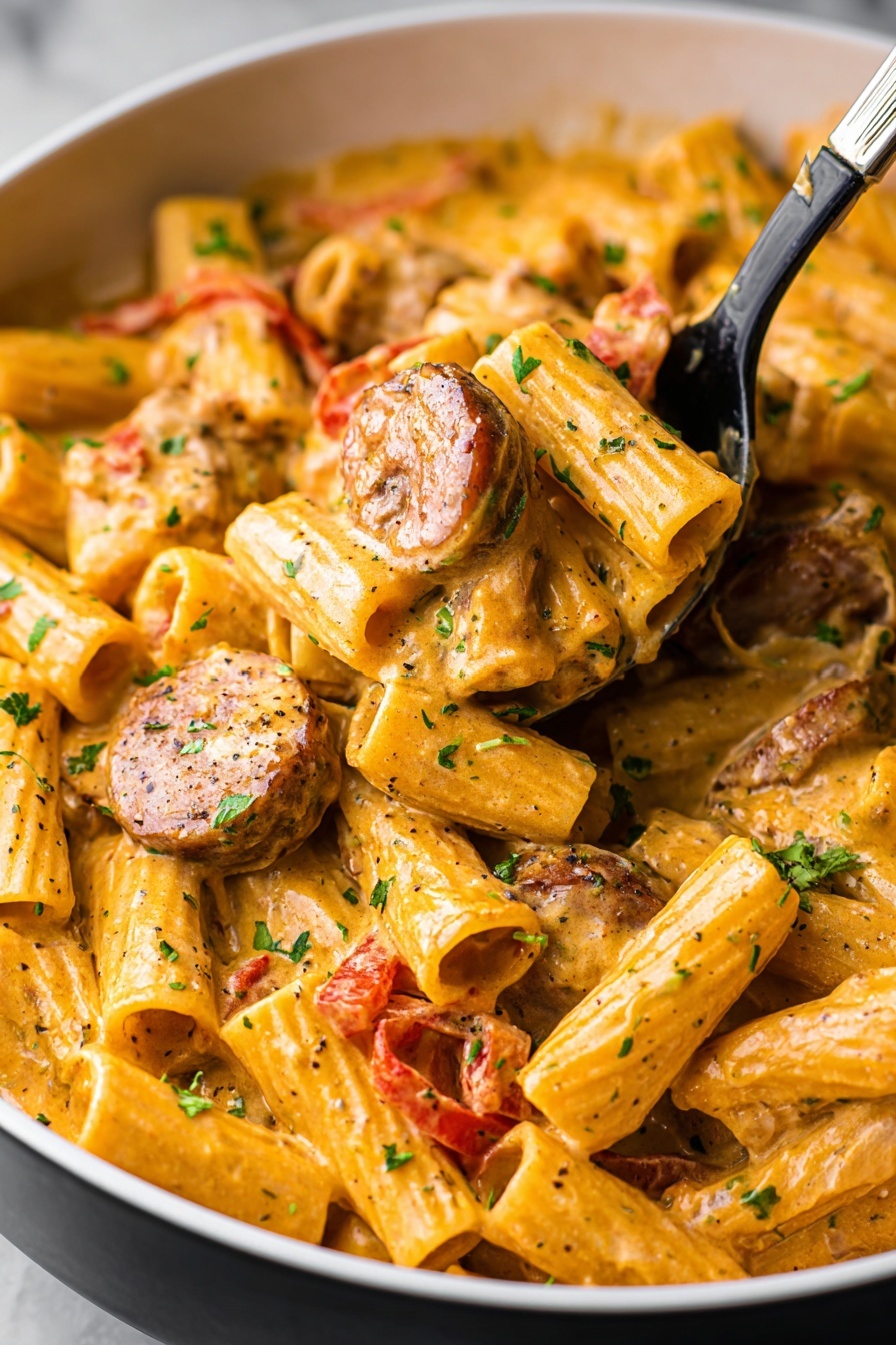 One Pot Creamy Cajun Sausage Pasta, Cajun sausage pasta, easy Cajun pasta recipe, creamy sausage pasta dinner, quick Cajun pasta - The image shows a close-up of a large white bowl filled with creamy rigatoni pasta mixed with slices of browned sausage and small pieces of red bell pepper. The sauce is smooth and orange, coating each piece of pasta evenly. The dish is sprinkled with green herbs and black pepper, adding specks of color on top. A black serving spoon with a silver handle scoops some pasta from the bowl, holding a few rigatoni pieces, sausage slices, and red pepper in the center. The background is a white marbled texture. photo taken with an iphone --ar 2:3 --v 7