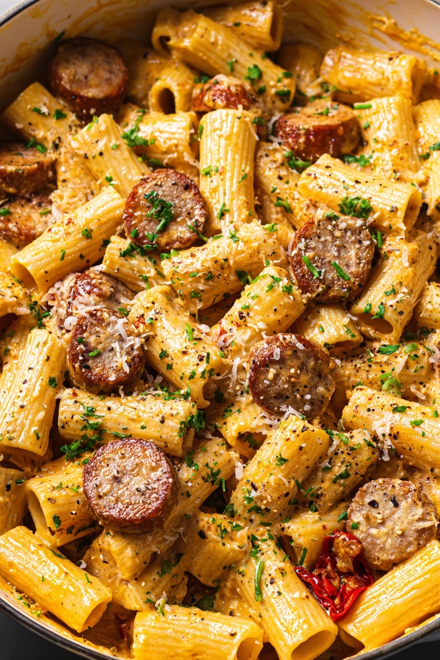 One Pot Creamy Cajun Sausage Pasta, Cajun sausage pasta, easy Cajun pasta recipe, creamy sausage pasta dinner, quick Cajun pasta - The image shows a close-up view of rigatoni pasta mixed with creamy orange sauce and sliced browned sausage pieces scattered throughout. The pasta tubes are coated well with sauce and sprinkled with finely chopped green herbs and black pepper flakes, adding a contrast of green and dark spots on the yellow pasta. The sausage slices have a browned, slightly crispy texture with a rich, cooked meat color. There are small bits of red, likely roasted red peppers or tomatoes, adding another layer of color and texture to the dish. The pasta is in a white pot with part of the white marbled surface visible around the pot edge. photo taken with an iphone --ar 2:3 --v 7