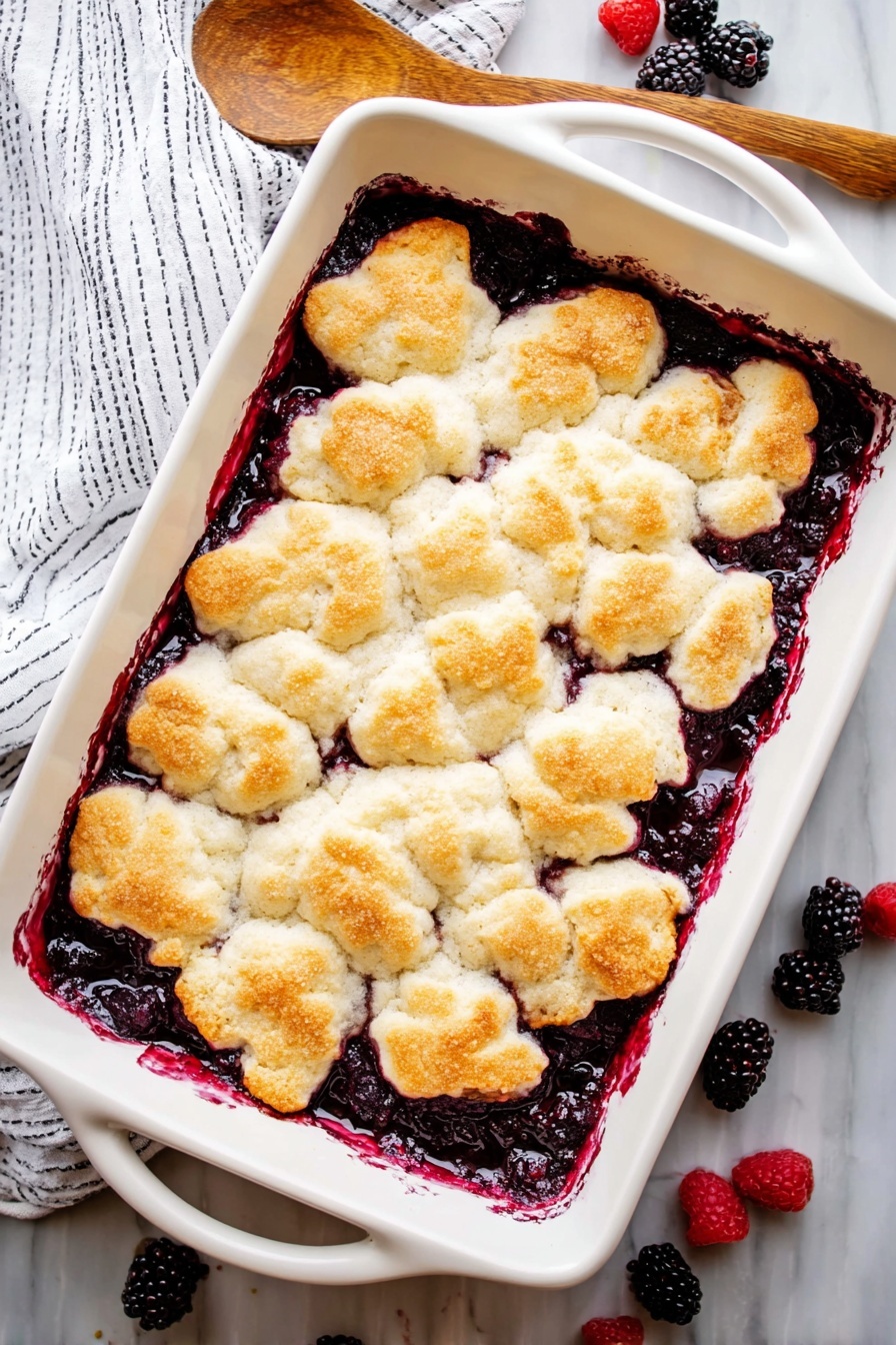 Old Fashioned Blackberry Cobbler, Blackberry Cobbler dessert, easy blackberry cobbler recipe, seasonal blackberry dessert, fruity cobbler recipe - The image shows a white rectangular baking dish filled with a fruit cobbler. The bottom layer is a deep purple-black berry filling with a shiny, thick texture, visible along the edges where it has bubbled up. The top layer is a golden-brown biscuit crust with irregular, soft, and fluffy pieces covering the fruit underneath. The crust has a light toasted look, with patches of darker golden brown. The baking dish is placed on a white marbled surface, next to a wooden spoon and scattered fresh berries. A white cloth with thin black stripes is partly visible behind the dish. Photo taken with an iphone --ar 2:3 --v 7
