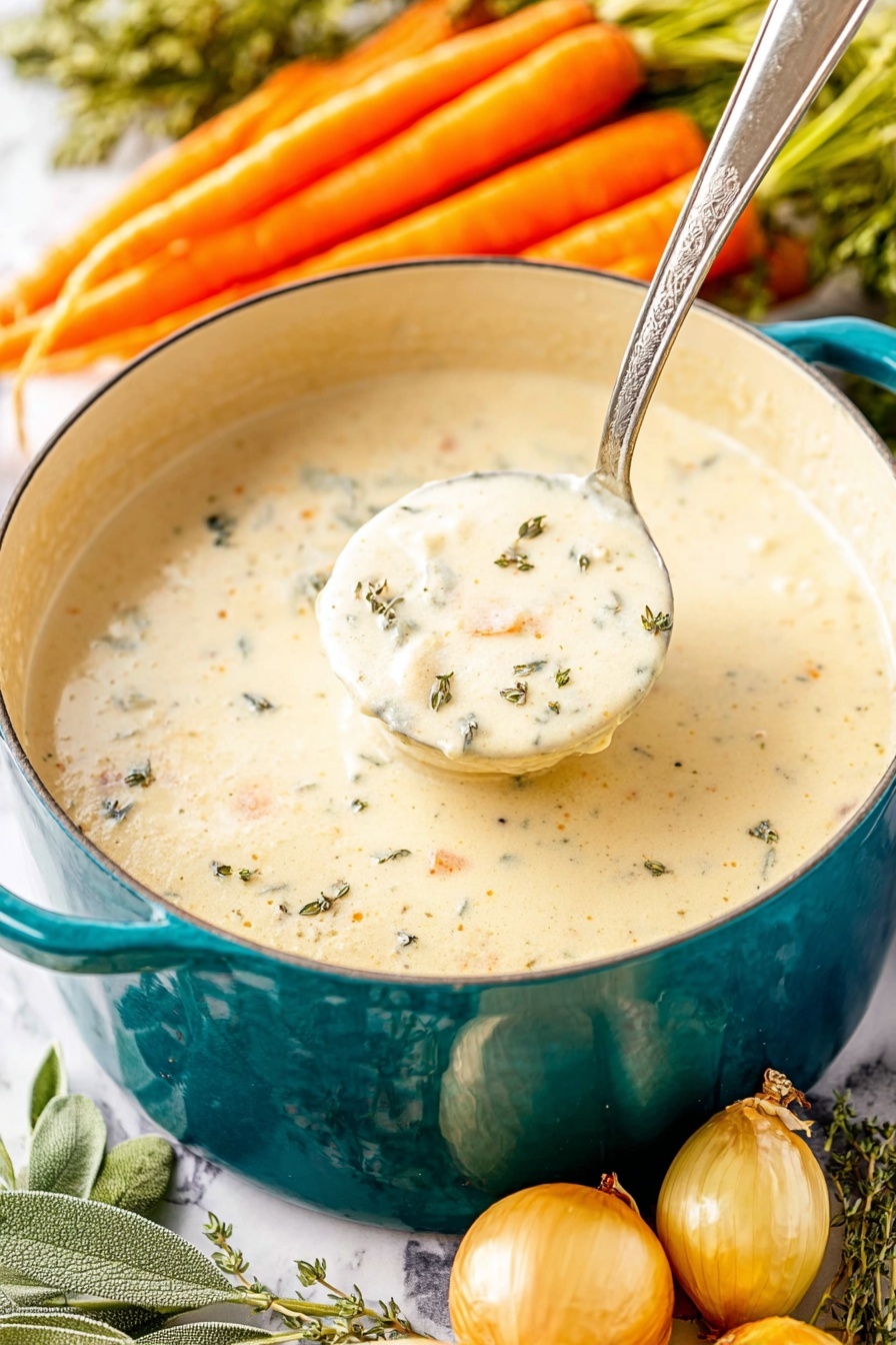 Creamy Chicken Soup, creamy chicken soup recipe, comforting chicken soup, velvety chicken soup, hearty chicken soup - A close-up view of a thick creamy soup in a deep teal pot with two handles, showing one scoop raised by a metal ladle in the center. The soup is off-white with small bits of vegetable pieces and herbs spread evenly, giving a lightly speckled look. The pot sits on a white marbled surface surrounded by small yellow onions and fresh sage leaves on the left and a bunch of orange carrots with green tops in the blurry background above. Photo taken with an iphone --ar 2:3 --v 7