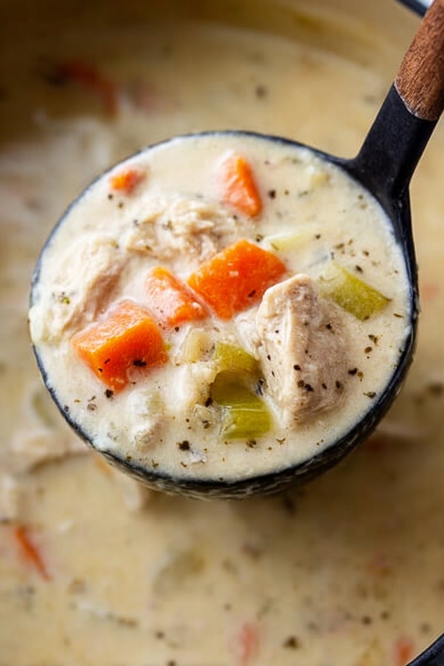 Creamy Chicken Soup, creamy chicken soup recipe, comforting chicken soup, velvety chicken soup, hearty chicken soup - A close-up of a black ladle holding thick creamy soup filled with chunky pieces of orange carrots, pale green celery, and light beige tender meat. The soup has a smooth, light cream base with small black pepper specks scattered throughout. The background features a white marbled texture with some of the soup visible in a pot. The texture looks rich and velvety. photo taken with an iphone --ar 2:3 --v 7