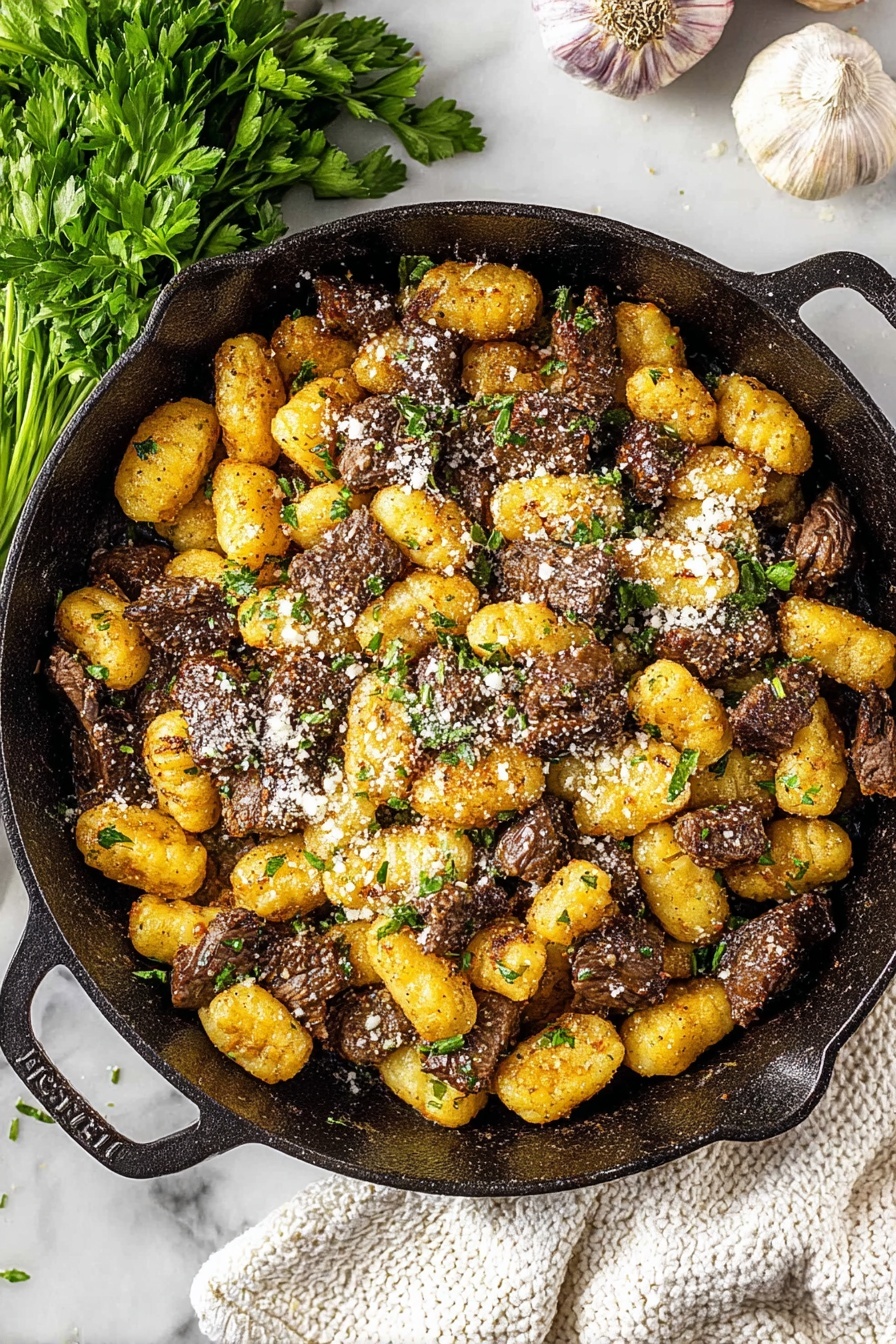 Steak Bites with Crispy Gnocchi and Garlic Parmesan, easy steak and gnocchi dish, crispy gnocchi recipes, garlic parmesan steak bites, quick gourmet dinner - A large black cast iron pan is filled with golden brown gnocchi and tender dark brown beef pieces mixed evenly. The gnocchi pieces have a crispy texture with some darker roasted spots, while the beef chunks are seared with a rough surface. The dish is sprinkled with grated white cheese and small chopped green herbs. The pan is placed on a white marbled surface, with fresh green parsley in the top left corner and two whole garlic heads at the bottom right. A white textured cloth is partly visible behind the pan near the top right corner. Photo taken with an iphone --ar 2:3 --v 7