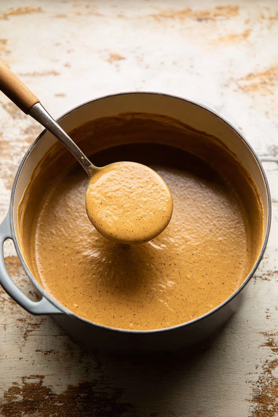 Roasted Cauliflower Soup, creamy cauliflower soup, healthy cauliflower soup, vegan cauliflower soup, easy cauliflower soup - A large gray pot filled with a smooth, thick, light brown sauce that has tiny dark specks dispersed evenly throughout. The sauce coats the sides of the pot, showing a slightly glossy texture. A silver ladle with a wooden handle lifts a rounded scoop of the sauce, showing its dense and creamy consistency. The pot rests on a rustic white marbled surface with some worn and darker patches. photo taken with an iphone --ar 2:3 --v 7