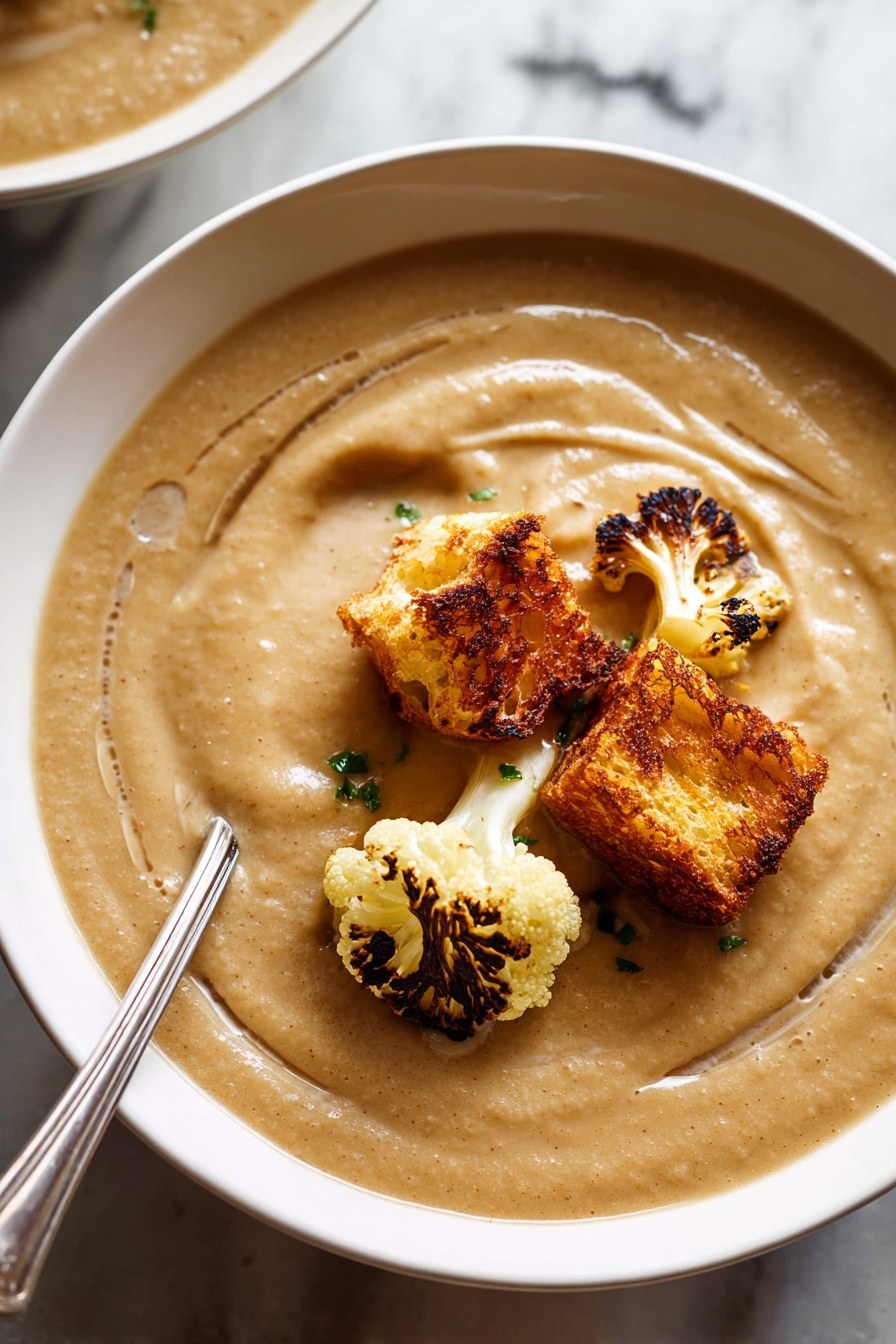 Roasted Cauliflower Soup, creamy cauliflower soup, healthy cauliflower soup, vegan cauliflower soup, easy cauliflower soup - A creamy light brown soup fills a white bowl, its smooth texture showing gentle swirls across the surface. On top, two pieces of golden-brown crispy croutons rest, adding a rough and crunchy contrast. Next to them, a small roasted cauliflower floret with charred black and dark brown spots adds texture and color. Part of a silver spoon is visible on the left side, resting in the soup. The bowl is set on a surface with a white marbled texture. photo taken with an iphone --ar 2:3 --v 7