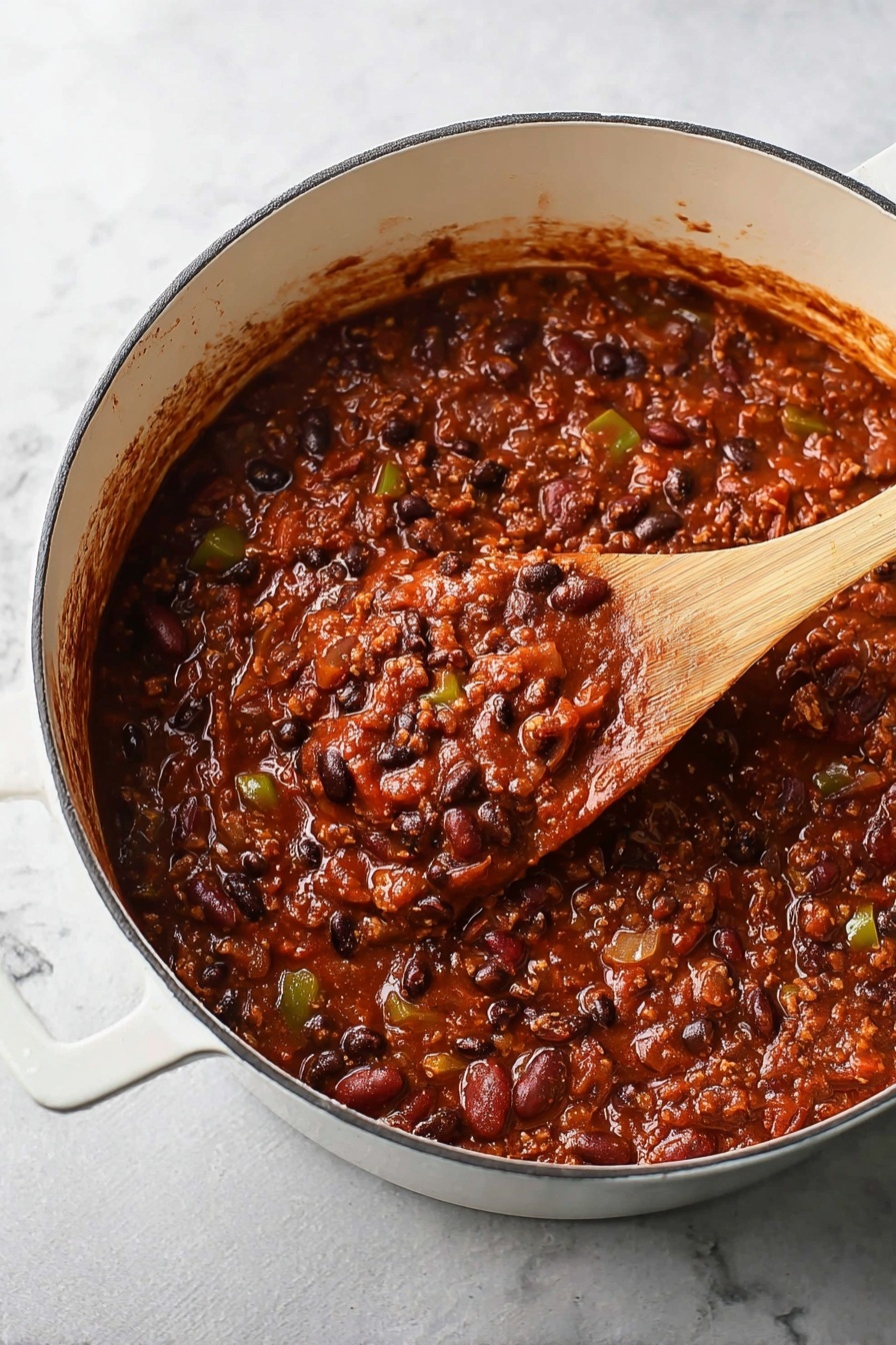 Lentil Chili, healthy lentil chili, vegetarian chili, vegan chili recipe, easy lentil chili - Inside a white pot filled with thick chili, the dish shows a rich reddish-brown sauce with visible textures of black beans, chopped onions, and small green pepper pieces. The chunky chili has layers of tender beans and bits of cooked vegetables all mixed in the thick sauce. A wooden spoon dips into the chili, picking up a scoop full, highlighting the moist and hearty mixture. The pot sits on a white marbled surface, and some sauce marks are visible near the pot’s rim. photo taken with an iphone --ar 2:3 --v 7