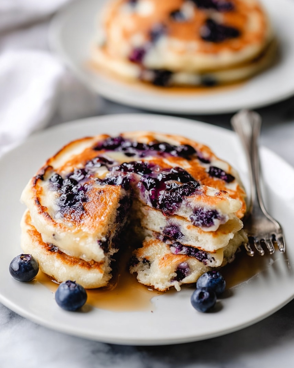 Vegan Blueberry Pancakes, vegan pancake recipe, healthy blueberry pancakes, dairy-free pancakes, fluffy vegan breakfast - A white plate holds three thick, round pancakes stacked slightly overlapping. The pancakes have a light golden-brown color with dark purple blueberry spots spread across each one. The surface shows a moist, soft texture with some melted butter glistening on top. A silver fork with an ornate handle rests on the left side of the plate. The plate sits on a white marbled surface, and some loose blueberries are scattered nearby. In the blurred background, another white plate with more blueberry pancakes is visible. photo taken with an iphone --ar 2:3 --v 7