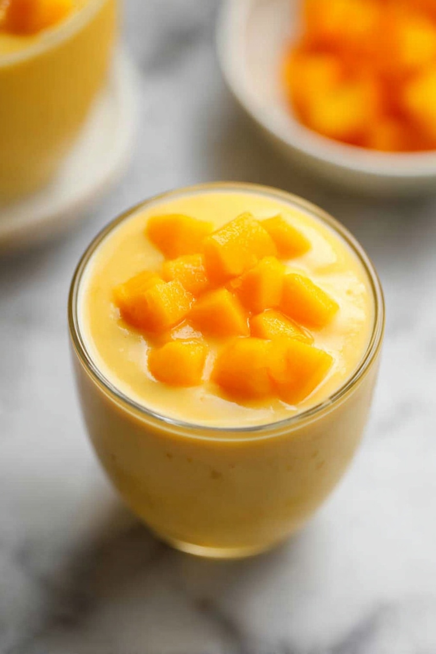 Creamy Mango Smoothie, tropical mango smoothie, easy mango drink, healthy mango smoothie, refreshing fruit smoothie - A small clear glass filled with a creamy yellow mango pudding topped with small bright orange mango cubes on one side of the surface. The pudding has a smooth, slightly thick texture and fills the glass close to the top. The glass sits on a white marbled surface, and the focus is on the top part of the glass with blurred background elements that include another bowl and some fruit. photo taken with an iphone --ar 2:3 --v 7