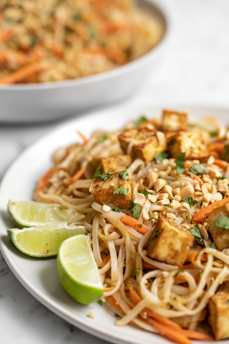 Vegan Pad Thai, vegan Thai noodles, plant-based Pad Thai, vegan noodle stir-fry, healthy vegan Asian recipes - This image shows a close-up of a dish with three main layers: at the bottom are light tan thin noodles mixed with thin orange carrot strips, then on top are small golden brown tofu cubes scattered throughout, with a few chopped green herbs and crushed peanuts sprinkled all over. In the background, there is a blurred white bowl filled with the same noodles and tofu. On the side of the plate, there are two lime wedges—one green and one light yellow—standing upright. The whole scene is set on a white marbled surface. photo taken with an iphone --ar 2:3 --v 7